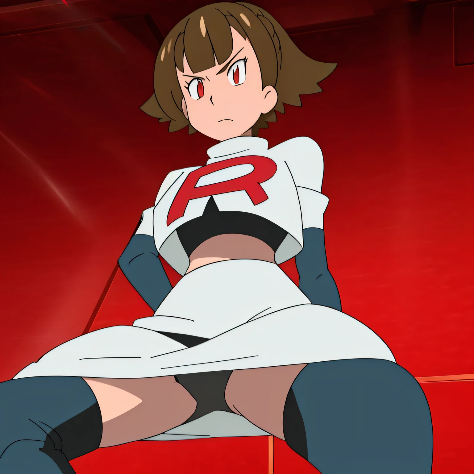 ((team rocket uniform,red letter r,white skirt,white crop top,black thigh-high boots,black elbow gloves,glaring angrily,looking at viewer,hands on hips,from below)),(best quality,4k,8k,highres,masterpiece:1.2),ultra-detailed,(realistic,photorealistic,photo-realistic:1.37),((HDR,UHD,studio lighting,extreme detail description,professional,portraits,red color scheme,dramatic lighting)),{{sexy squat on toilet,spread legs,black panties,makoto nijima, blunt bangs, braid, brown hair, crown braid, (red eyes:1.3), short hair,,UHD}}