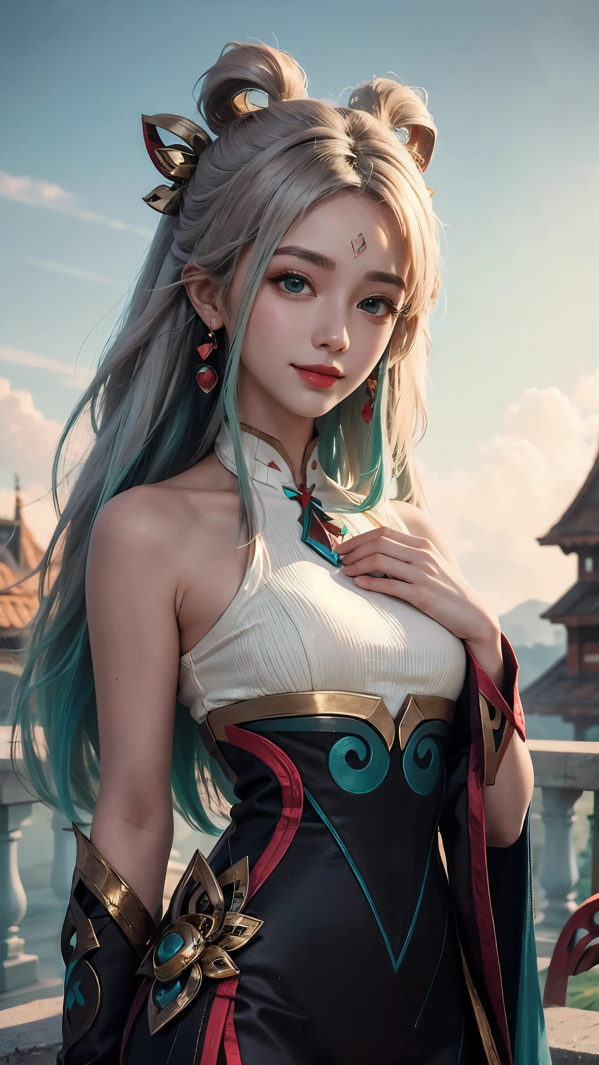 (masterpiece, best quality:1.2), intricate details, mythmaker irelia, 1girl, hair ornament, hair rings, bare shoulders, dress, detached sleeves, forehead mark, multicolored hair, white hair, earrings, green eyes, textured skin, looking at viewer, solo, light smile, (mature female:1.2)