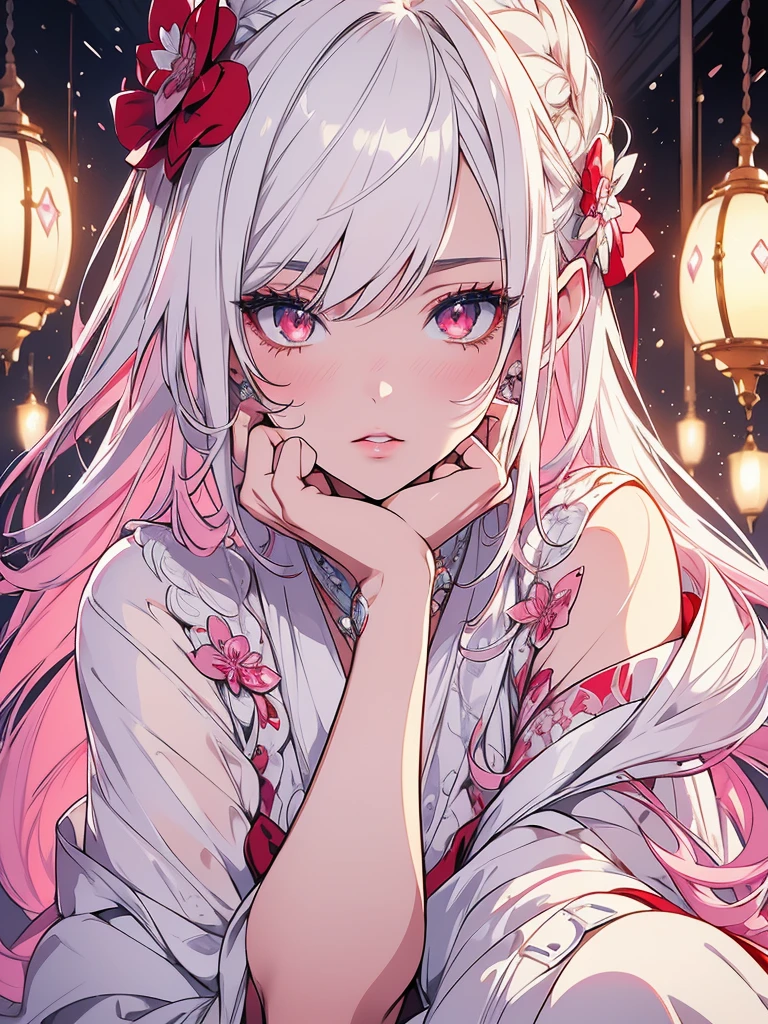 beautiful detailed eyes, beautiful detailed lips, extremely detailed eyes and face, longeyelashes, 1girl, white hair, anime style, hyper realistic, high quality, 8k, masterpiece, photorealistic, studio lighting, vivid colors, intricate details, elegant pose, soft lighting, cool color palette, cute and hot. White and pink, red . Dress