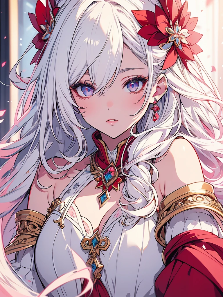 beautiful detailed eyes, beautiful detailed lips, extremely detailed eyes and face, longeyelashes, 1girl, white hair, anime style, hyper realistic, high quality, 8k, masterpiece, photorealistic, studio lighting, vivid colors, intricate details, elegant pose, soft lighting, cool color palette, cute and hot. White and pink, red . Dress