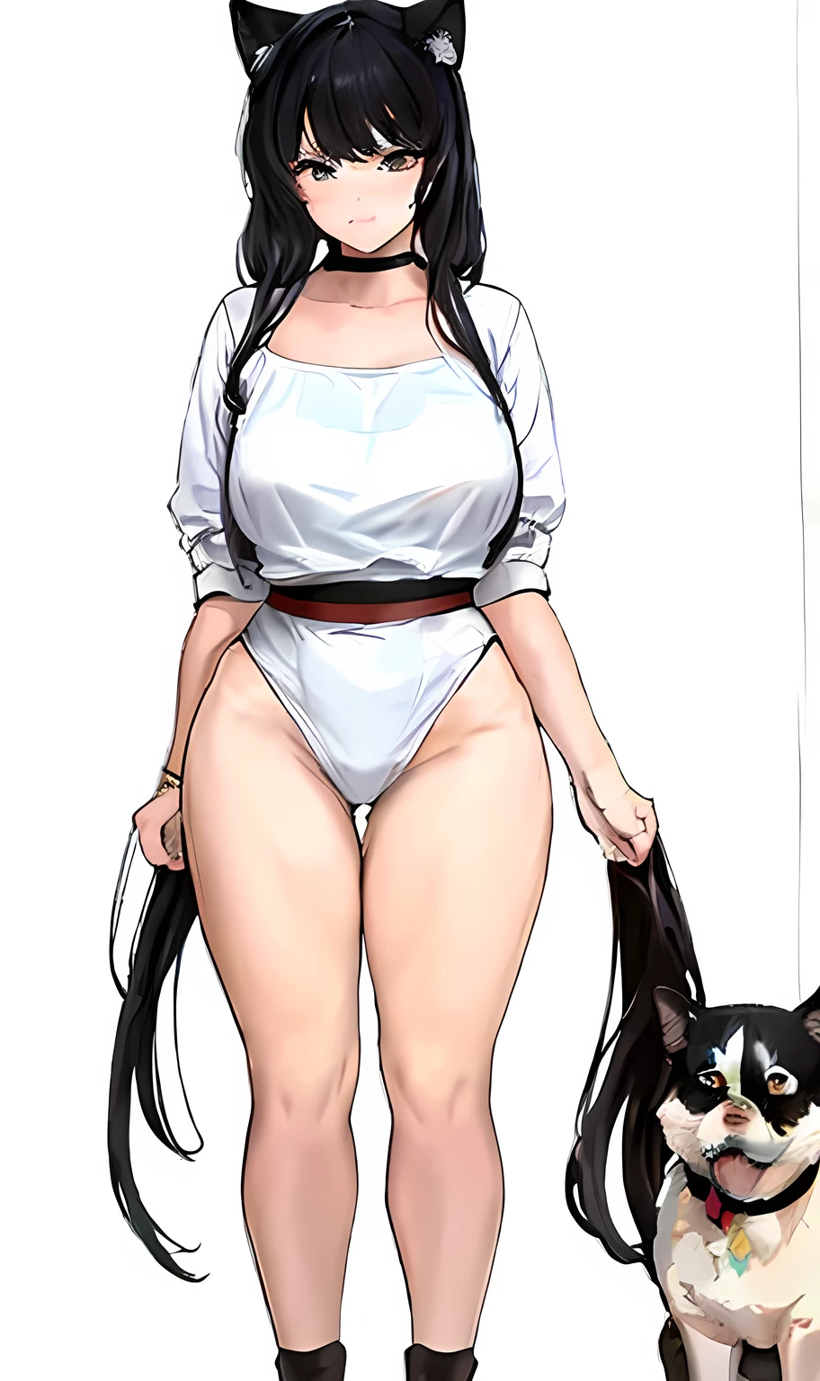 Super Fine Eyes,Masterpiece,Top Quality,Cute,((Thick Lines)),Figure,One Girl,Solo,Gaze,Full Length,Full Length Portrait,Smiling,Simple Background,White Background,Wallpaper,Standing,Head-on,Full Body,Big Breasts and Ass,Coco,Dog Ear,Different Color,,Long Hair,Low Twin Tail,Bangs,Hair Flower,Choker,Slingshot