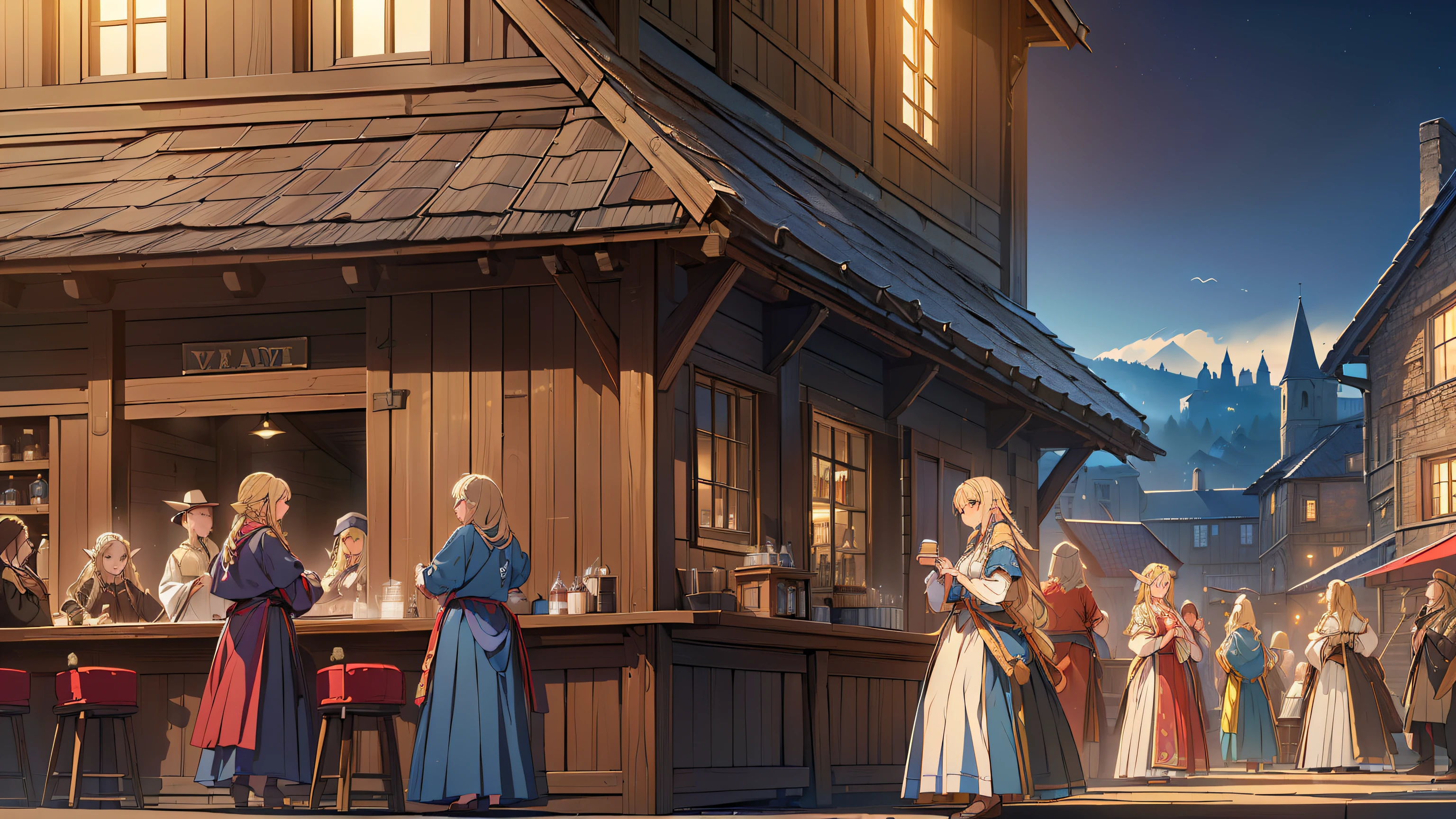 ((Top quality, 4k, 8k, high resolution, masterpiece: 1.2))), (super detailed), (realistic), (photorealistic), (photorealistic: 1.37), (HDR, UHD), (studio (lighting), ultra-fine drawing, sharp focus, physically based rendering, highly detailed, professional, vibrant colors, fantasy, medieval europe, tavern, old tavern in the countryside, (((outdoor))), festival, carnival, festival decoration, (((A large number of people standing up and dancing))), (((night))), (((dim))), medieval clothing, citizen's rags, girl clerk made of wood carrying beer mugs in both hands, long skirt, smile, seating, long hair, blonde, elf, pointed ears,