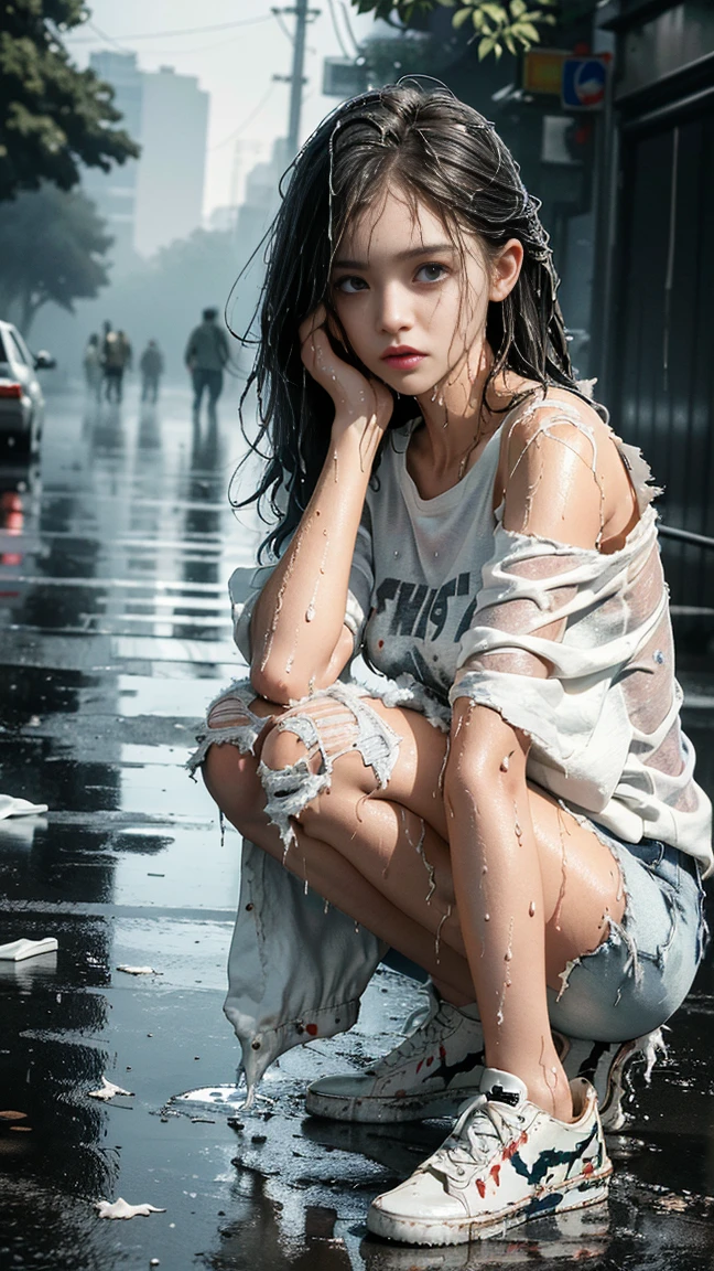 best image quality, masterpiece, super high resolution, (fidelity:1.4), photo, 1 girl, white shirt, torn jeans, white sneakers, dim, darkness, despair, pity, poor, movie, tears, teardrops, (torn clothes:1.5), (wet clothes:1.4), bare shoulders, real rain, wet hair,..