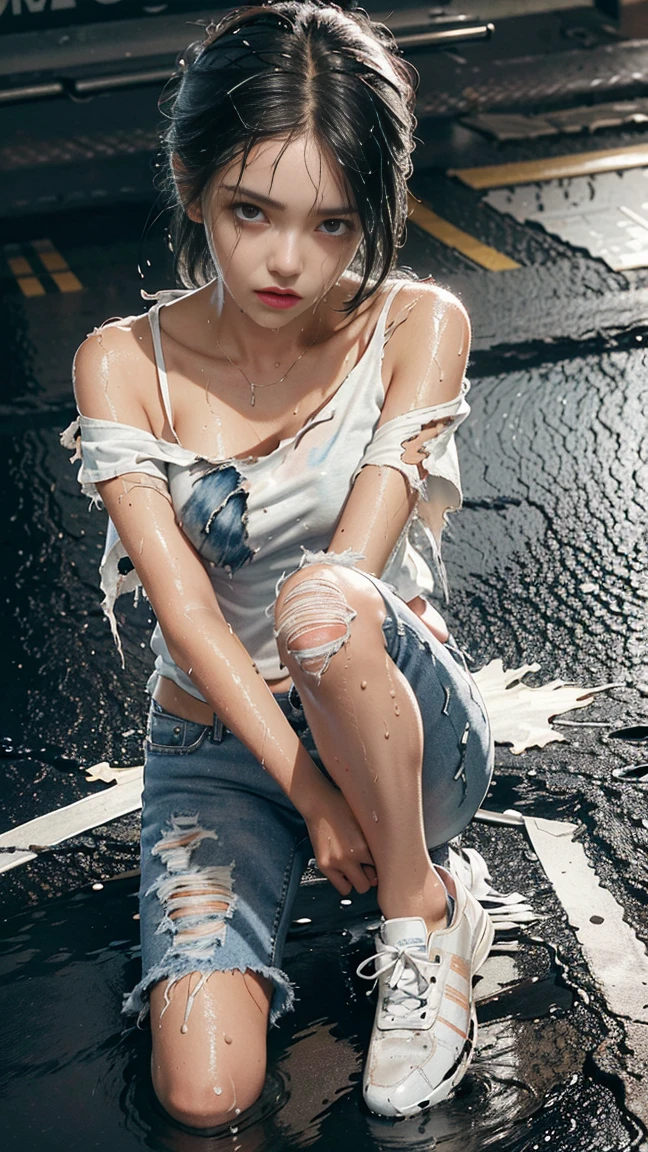 best image quality, masterpiece, super high resolution, (fidelity:1.4), photo, 1 girl, white shirt, torn jeans, white sneakers, dim, darkness, despair, pity, poor, movie, tears, teardrops, (torn clothes:1.5), (wet clothes:1.4), bare shoulders, real rain, wet hair,..