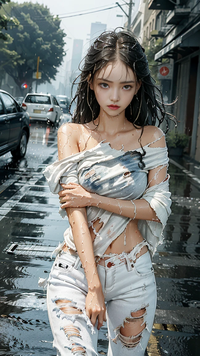 best image quality, masterpiece, super high resolution, (fidelity:1.4), photo, 1 girl, white shirt, torn jeans, white sneakers, dim, darkness, despair, pity, poor, movie, tears, teardrops, (torn clothes:1.5), (wet clothes:1.4), bare shoulders, real rain, wet hair,..