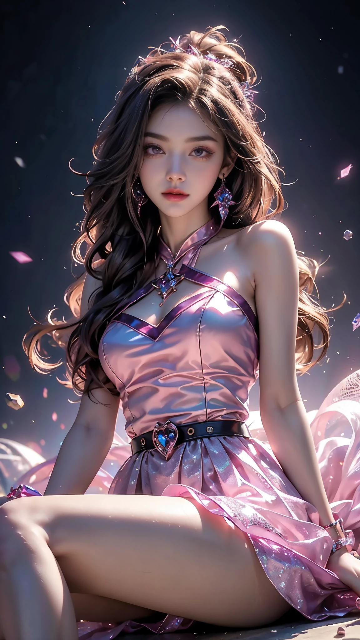4K, UHD, masterpiece, Best quality, 1 girl, detailed face, detailed eyes, realistic Eyelid, Kda, Alone, very Long hair, small breasts, ((pink sparkle dress)), ankle-length skirt, ((mesh sardine)), ((bare waits)), looking at viewert, Multicolored glowing crystals, heart sparkle, neon sparkle, bloom, ray tracing, god rays, HDR, DSLR, sitting,