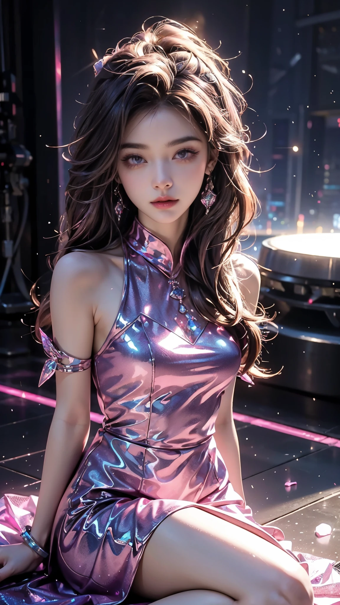 4K, UHD, masterpiece, Best quality, 1 girl, detailed face, detailed eyes, realistic Eyelid, Kda, Alone, very Long hair, small breasts, ((pink sparkle dress)), ankle-length skirt, ((mesh sardine)), ((bare waits)), looking at viewert, Multicolored glowing crystals, heart sparkle, neon sparkle, bloom, ray tracing, god rays, HDR, DSLR, sitting,