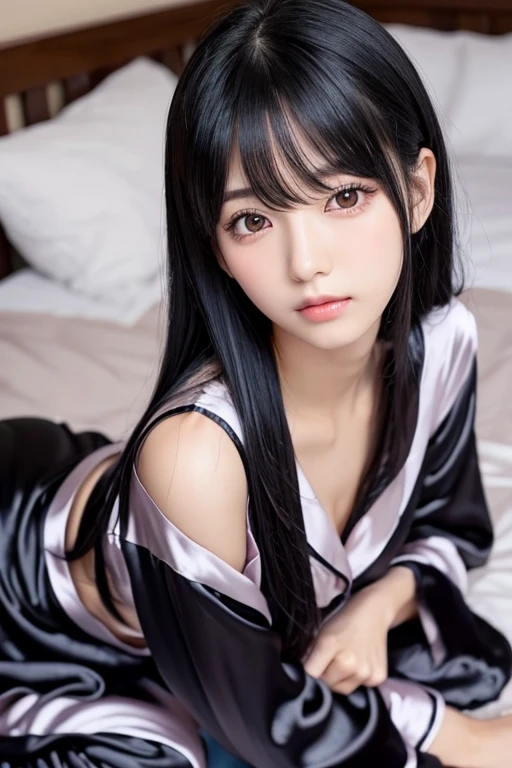 Japanese、Idol-like beautiful girl、18-year-old、Black Hair、Large, clear grey eyes、Long eyelashes、Wearing black silk pajamas、Waking up、Sitting leaning forward with both arms on the bed、Both shoulders are visible