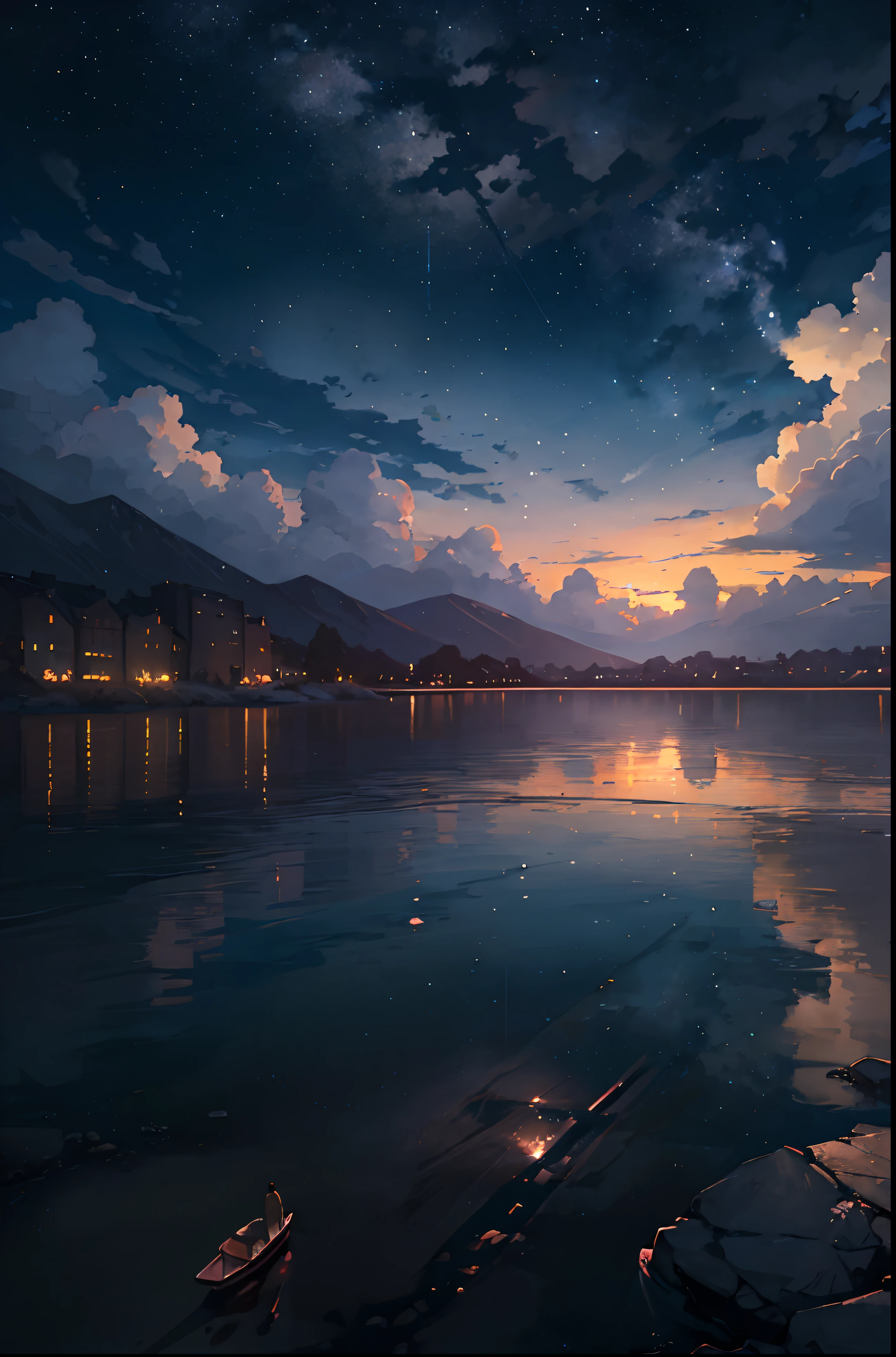 High-quality masterpieces, Landscapes, Clouds, Anime trains pass bodies of water on distant tracks, Bright starry sky. Traveler, Romantic lights, Pisif, concept-art, Lofi art style, Reflection. Makoto Shinkai, Raffe Art, beautiful anime scenes, Anime landscapes, Detailed view — width 672, Makoto Shinkai's style, Makoto Shinkai's style, Enhanced detail.