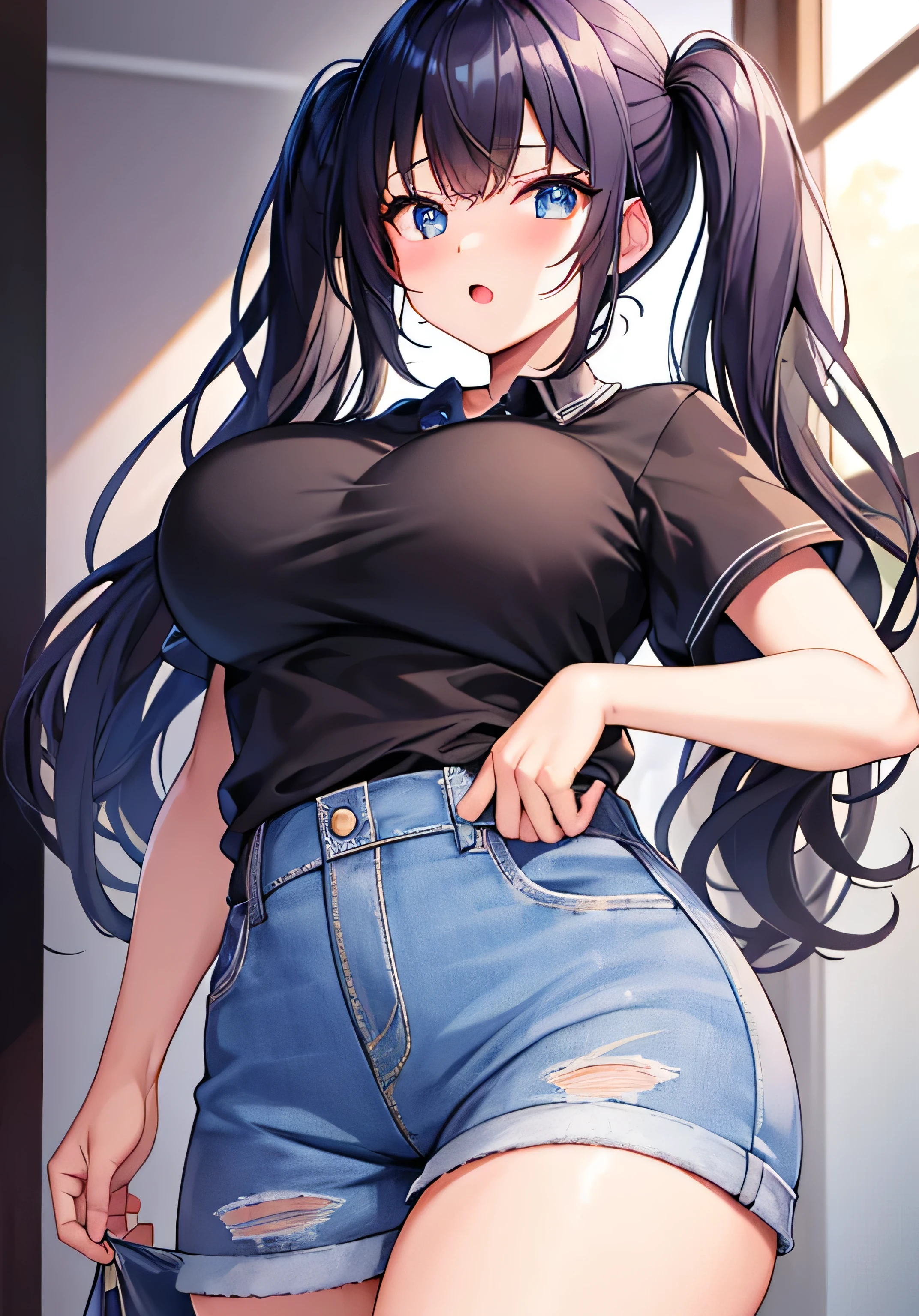 masterpiece、Highest quality、Ultra-high resolution、 university studentith big breasts、twin tail hairstyle、black hair、Red face、shyly、open your mouth just a little、white polo shirt、low waist denim shorts、inside the lecture hall