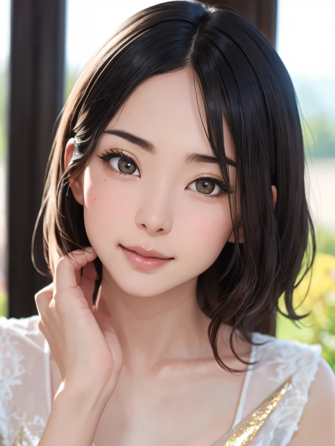 1 girl、highest quality、Realistic、alone、Written boundary depth、Natural soft light、Daytime、charm、Beautiful Face、Cleanliness、Pure Face、White skin、cute、short hair、prohibit、Beach、Light of the sun、Nedium Breast Body Esbian、((セーターを着たBeautiful Faceの黄金比 対称性のあるBeautiful Face, Wearing nothing:2))、Long neck、Listen carefully、prohibitのあるきれいな短いボブヘア、Laugh with your mouth closed、Perfect hands指、Perfect hands、Perfect body、Perfect Face、Shine a light into your eyes、Perfect Anatomy:1.4、とてもcuteスーパーモデル:1.4、{Huge|big|Hugeな|Mega} chest:2, chestの谷間:2、transparent、transparent性、Grossoisture、Shine、Cool feeling、Beautiful gradation blue sky:2