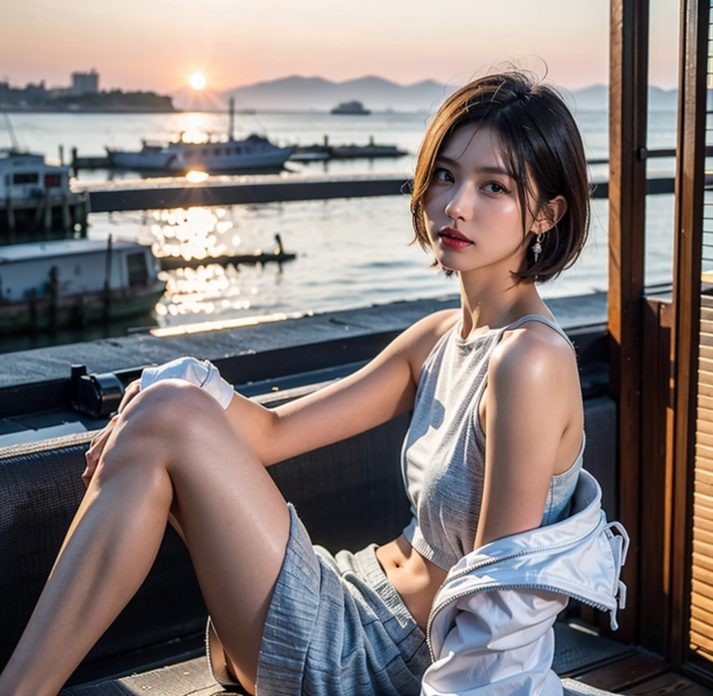 (8k、Raw photo、highest quality、masterpiece:1.2)、(Realistic、Photorealistic:1.37)、One Girl、20-year-old、cute、Adorable、(blue eyes)、(A shy smile:0.4)、(solo)、Detailed face、Brown short hair、Hair on one eye、Cool clothes、Elevation、Tilt your head、Seaside at sunset、Flowers in the sky、Street Snap、Earrings、Japanese women、Fashion Model、Height: 177cm