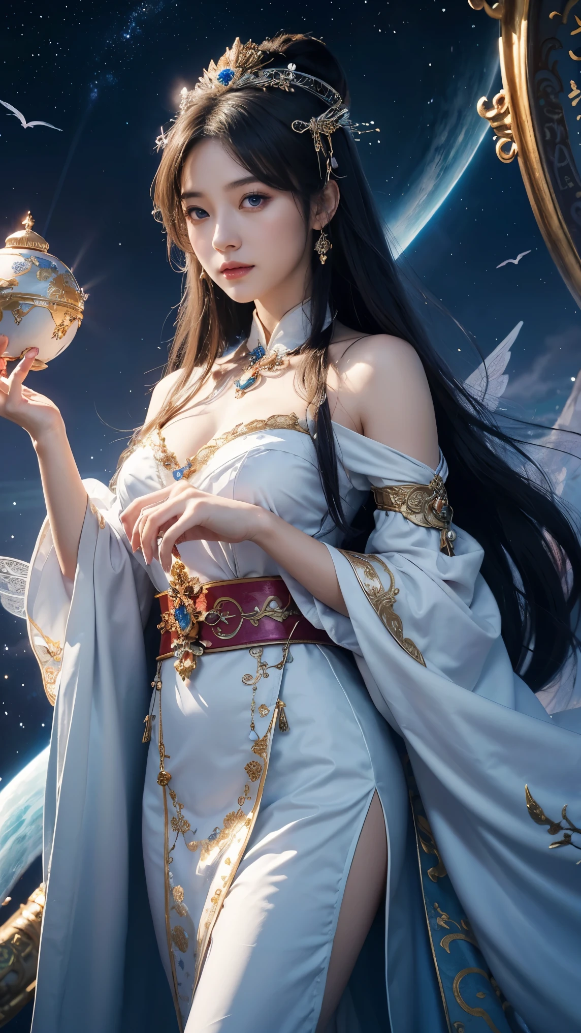 Close-up of a woman in a heavenly maiden dress, Beautiful Celestial Magician, ((Beautiful Fantasy Empress)), Beautiful Fantasy Empress, goddess, Elegant Shrine maiden, Flowing magical robes,Facing forward,Blue eyes,Anime fantasy illustration, Shrine maiden, Ancient Chinese goddess, Star Fairy, beautiful wizard, witch, 8k