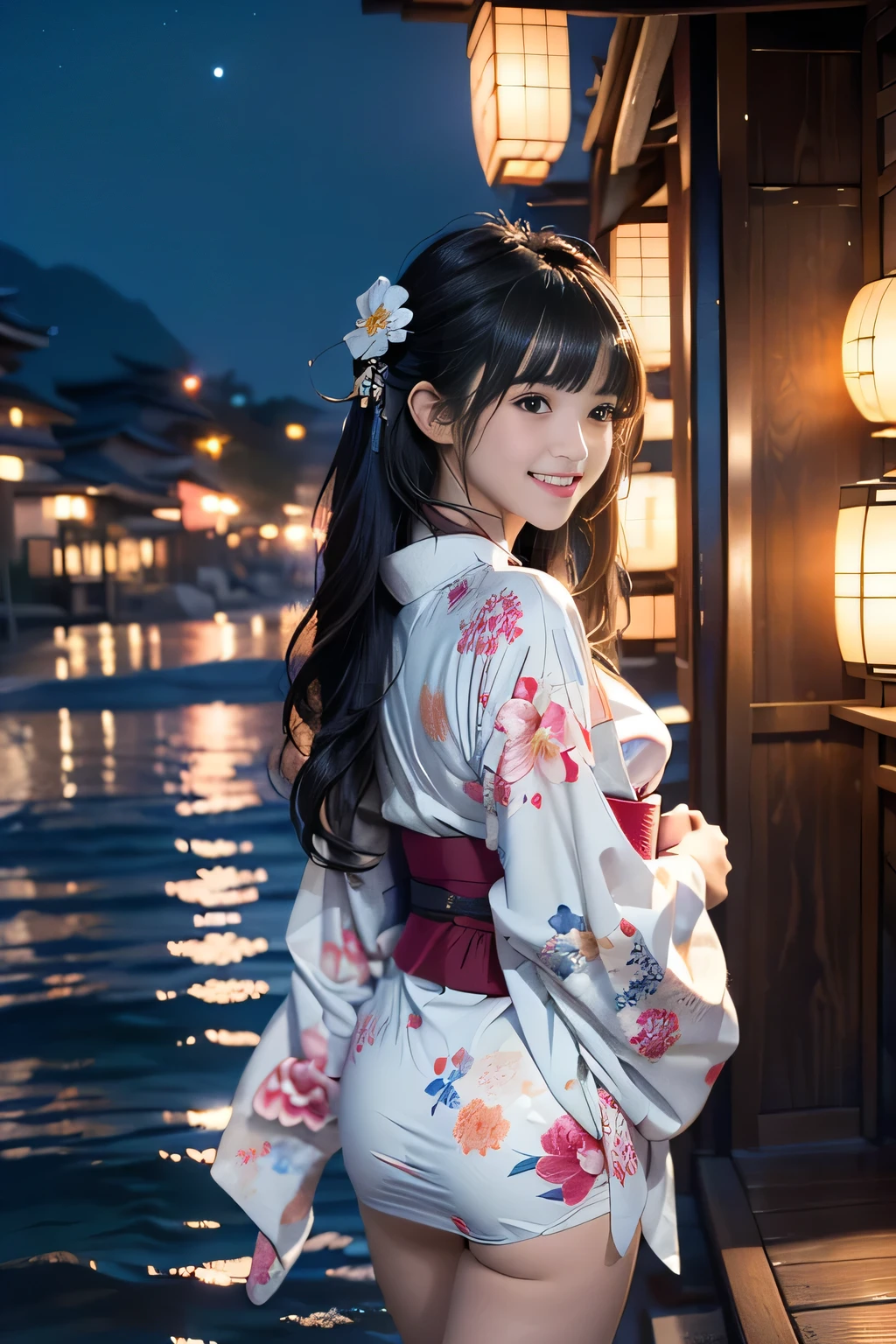 ((sexy cute mini kimono and elegant beautiful white laced panties)),
Full body,Looking back,♥(Japanese beautiful flower printed kimono,yukata),((1girl,cute,young,semi long beautiful black hair,blunt bangs,twin tales,beautiful eyes)),(solo),((masterpiece, highest resolution,best quality)), (beautiful illustration),(Japanese beautiful flower printed kimono,yukata),walking around the beach,waves,fireworks,night sky,full moon,shooting star,(innocent cute laugh,teeth),