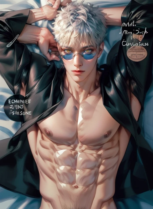 (masterpiece,best quality,ultra_detailed,highres,absurdres),1 mature male, 30-ish, (wide shoulder), (muscular), big body, male focus, solo, blue eyes, blue eyes color, upper body, short hair, white hair, albino boy, looking at viewer, smile face, parted lips, round eyewear, Masterpiece, high quality, best quality, HD, realistic, perfect lighting, detailed body, 1 man, black shirt, calm expression,