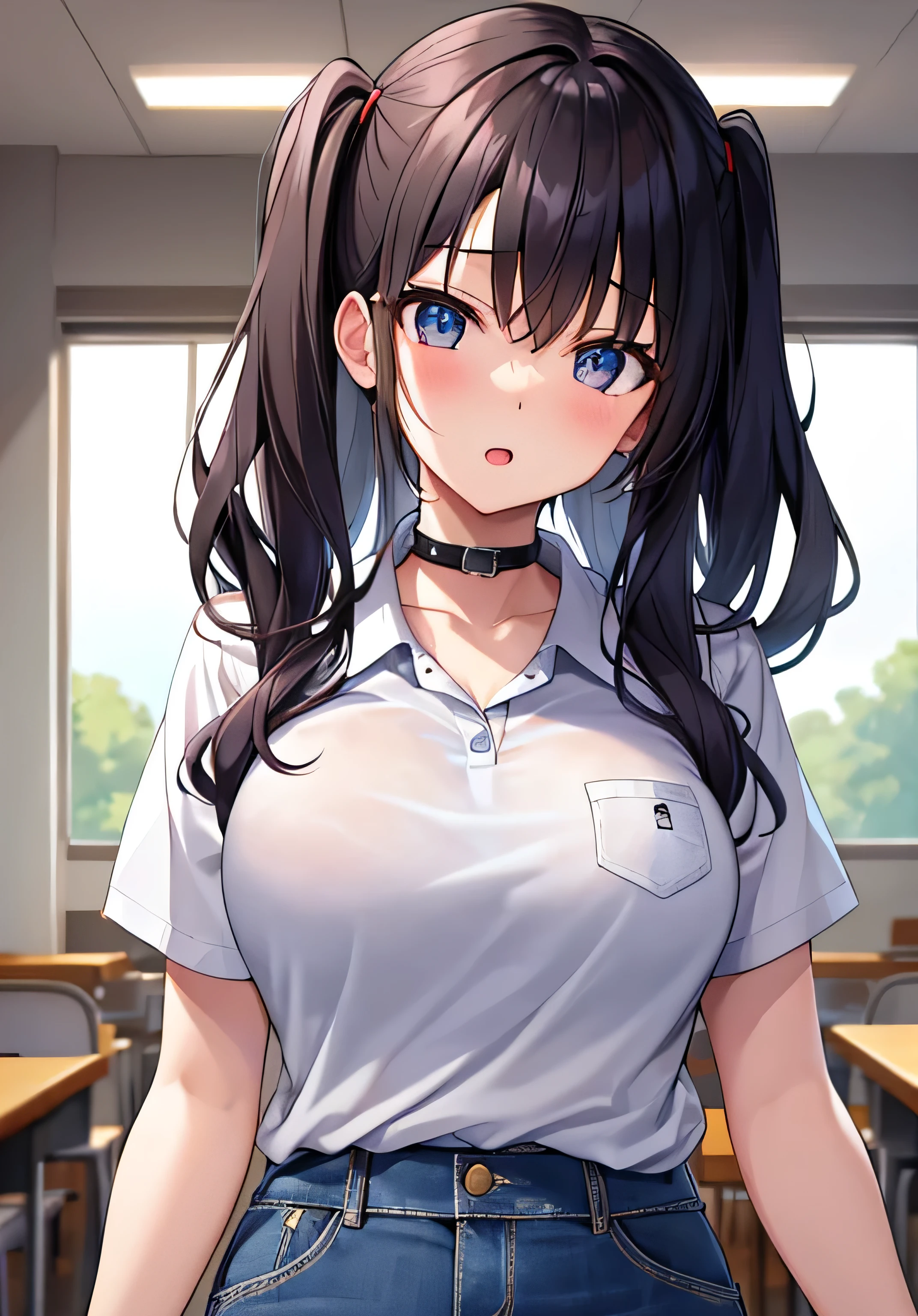 masterpiece、Highest quality、Ultra-high resolution、 university studentith big breasts、twin tail hairstyle、black hair、Red face、shyly、open your mouth just a little、white polo shirt、low waist denim shorts、inside the lecture hall