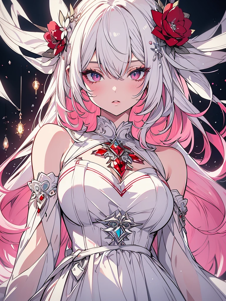 beautiful detailed eyes, beautiful detailed lips, extremely detailed eyes and face, longeyelashes, 1girl, white hair, anime style, hyper realistic, high quality, 8k, masterpiece, photorealistic, studio lighting, vivid colors, intricate details, elegant pose, soft lighting, cool color palette, cute and hot. White and pink, red . Dress full body 