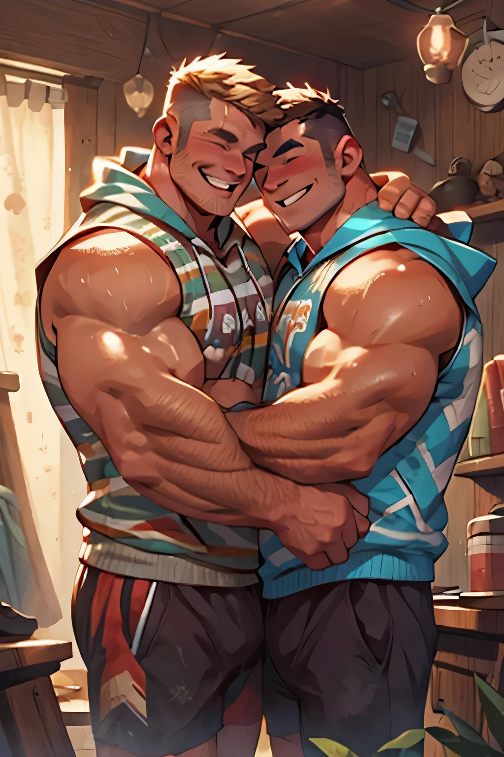 two guys, sweet, twunk, sleeveless hoodie, hug