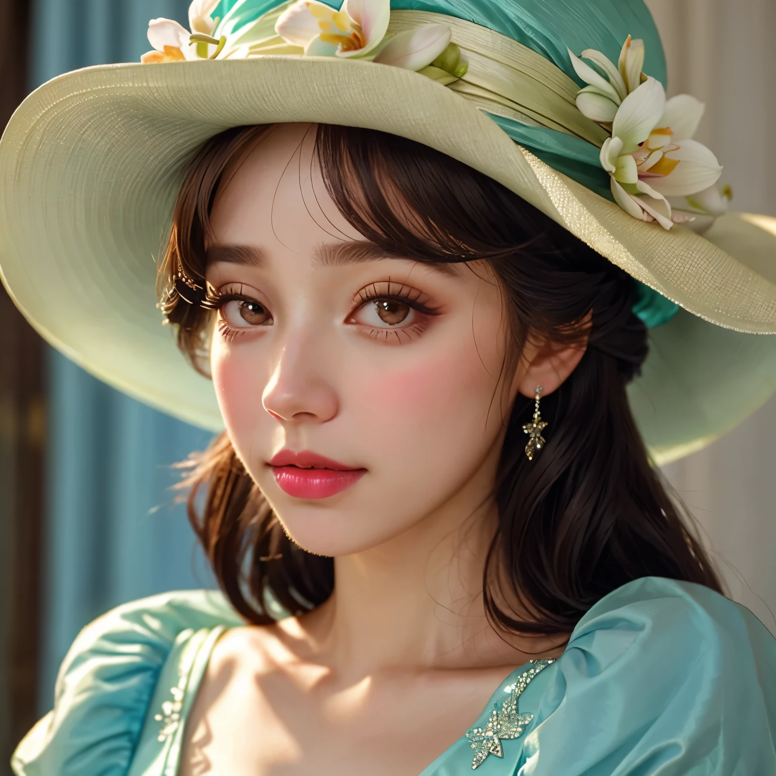 a close up of a woman with a hat and a dress, a colorized photo inspired by Elsa Bleda, tumblr, rococo, melanie martinez, her face looks like an orchid, # rococo, she looks like a mix of grimes, old timey, belle delphine, her hair is white, photographed on colour film, beautiful stella maeve magician