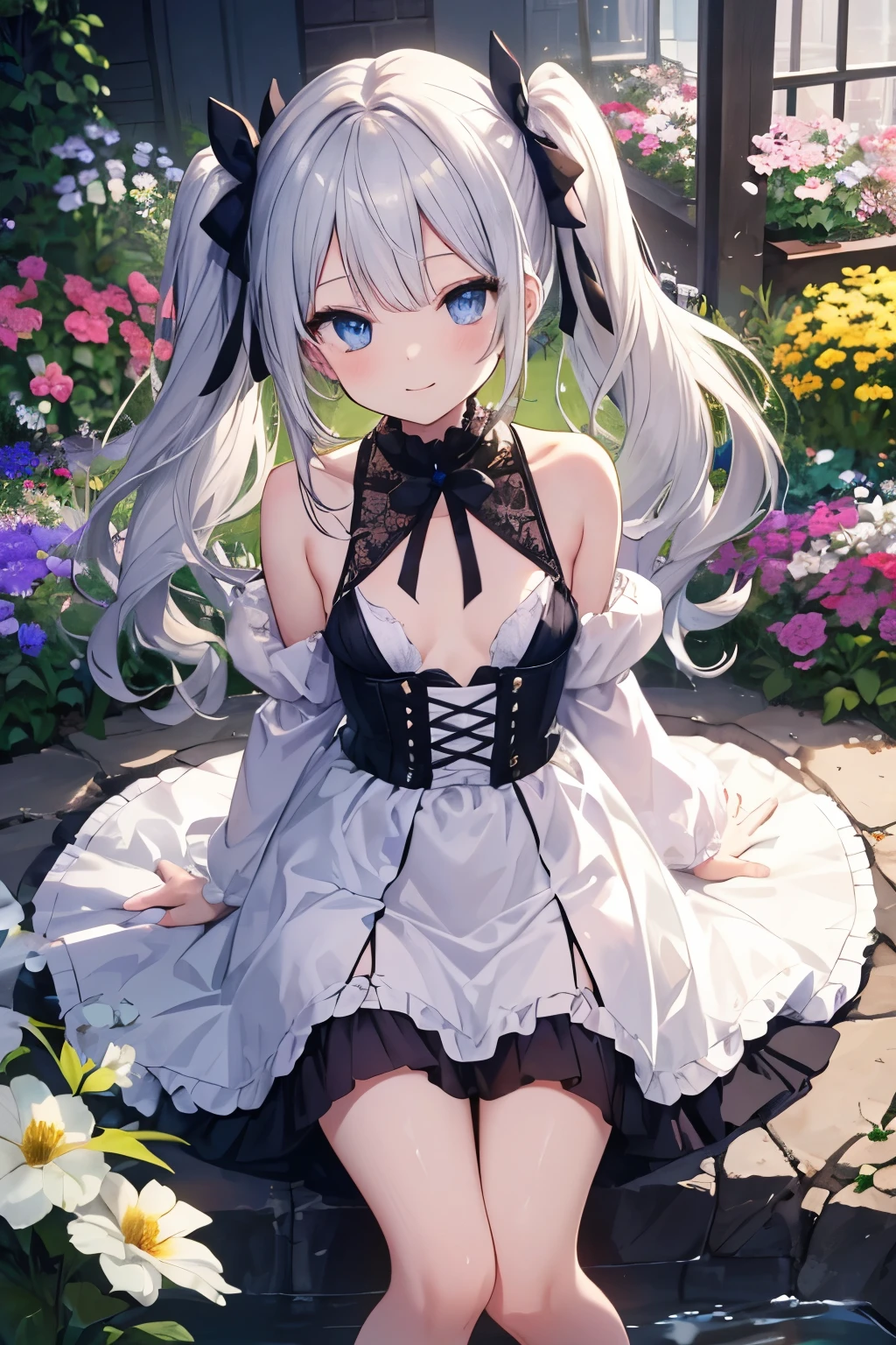 Silver Hair、blue eyes、girl、Small breasts、Twin tails、girl、Small breasts、Lolita、Bright smile、Looks about 15 years old、Petan Musume、He is short、目のhighlight、Sexy thighs、Flower Garden、color々The flowers are still blooming、I have a lot of bouquets、colorとりどりのバラがいっぱい、Mine-based costumes、Your eyes are so beautiful、highlight