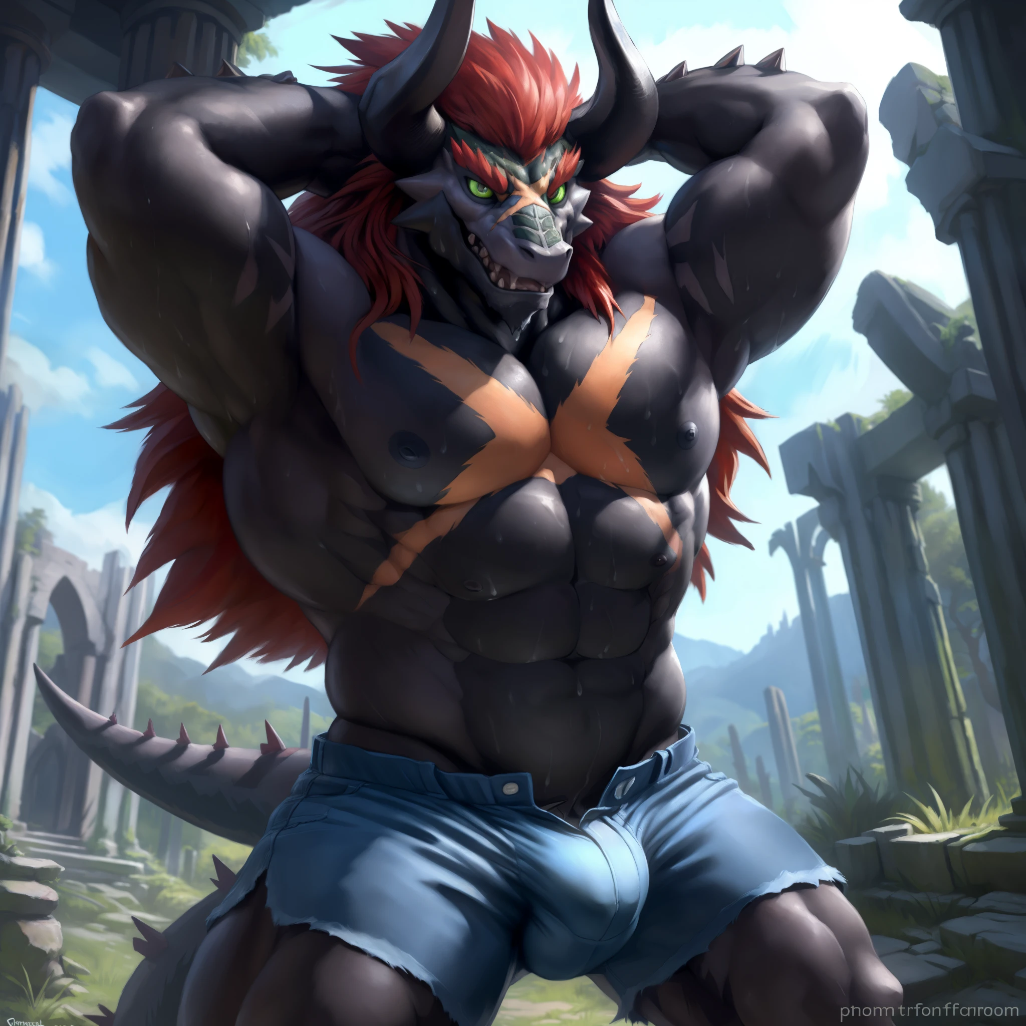 solo, breath (ultra detailed), a beautiful and detailed full size portrait of a male anthro batzz, demon lord dragon batzz, dragon tail, green eyes, glowing eyes, black body, black skin, long hair, red hair, horns, scar, tail, bedroom eyes, voluptuous, detailed eyes, big body, sexy body, (wide body). goddess, kenket, Ross Tran,ruan jia, trending on artstation,foxovh, cenematic lighting, buff, big pecs, muscular anthro, spike arms, strong legs, ((big pecs, nipples, big pecs, blue shorts, bulge))), day, wet, front view, standing, arms behind head, pose, ruins, inside, sweating,