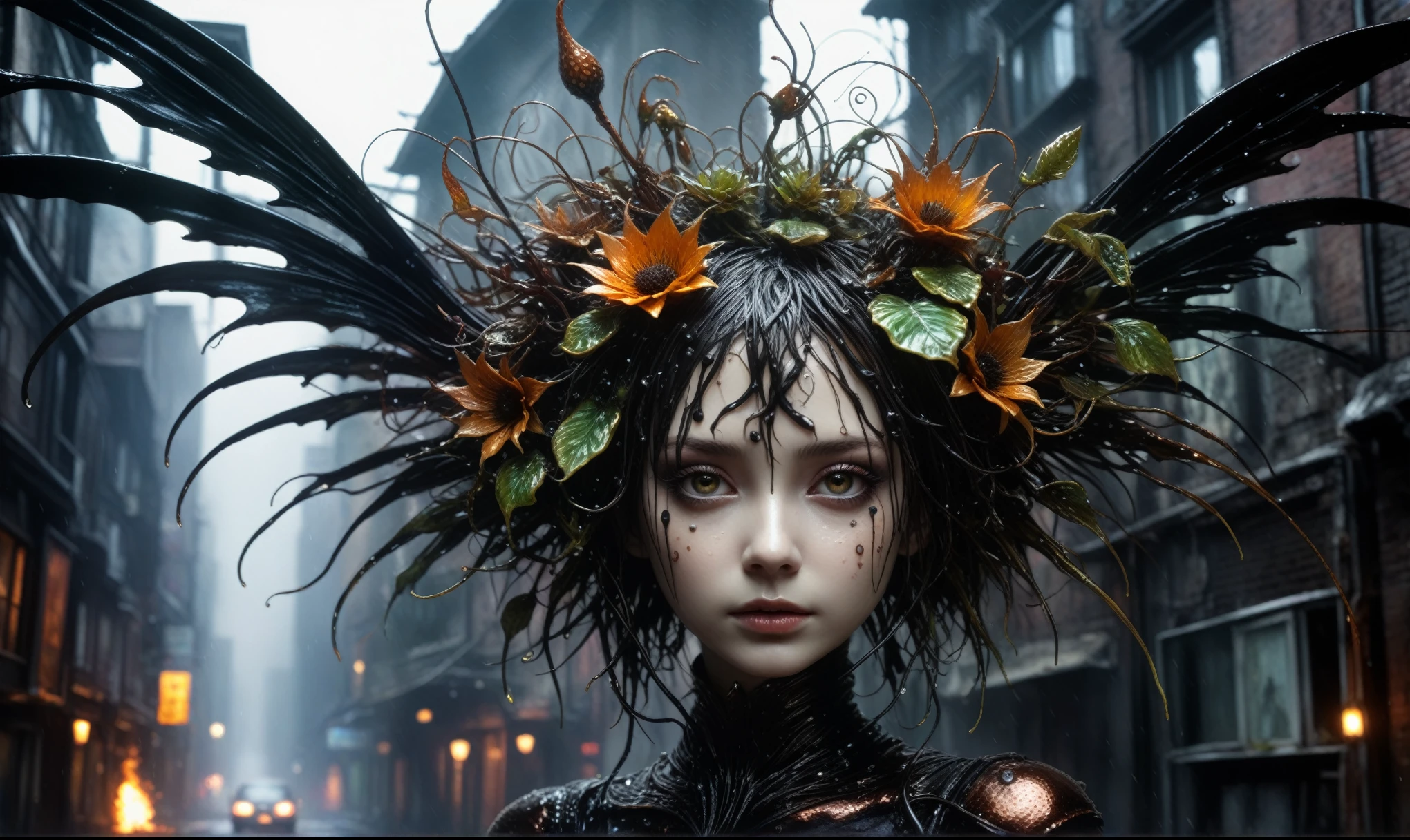 a black copper plant girl made of dead plants,a girl made of plants, placed in Silent Hill, atmosphere with backlit,city on background,chinesse pixie,A charming and fascinating creature with otherworldly forms that blend the best aspects of the monster human form and the innocent charm of a precocious , once pretty, wings, (best quality: 1.4), (masterpiece: 1.2), detailed, complex, high resolution, iridescent colors, texture, complex, gorgeous, 3D, highly detailed, (Professional photography, extremely detailed),Tim Burton, Dale Chihuly, Bruce Zheng, Cyril Rolando, H. R. Giger $plastic$ Grid: Real Lenoid afremov style, wet, fire, extremely detailed, high detailed eyes,8k resolution,RAW,retina, Nikon Z9,Nicola Samori, Sergey Zabelin,Aerith Gainsborough