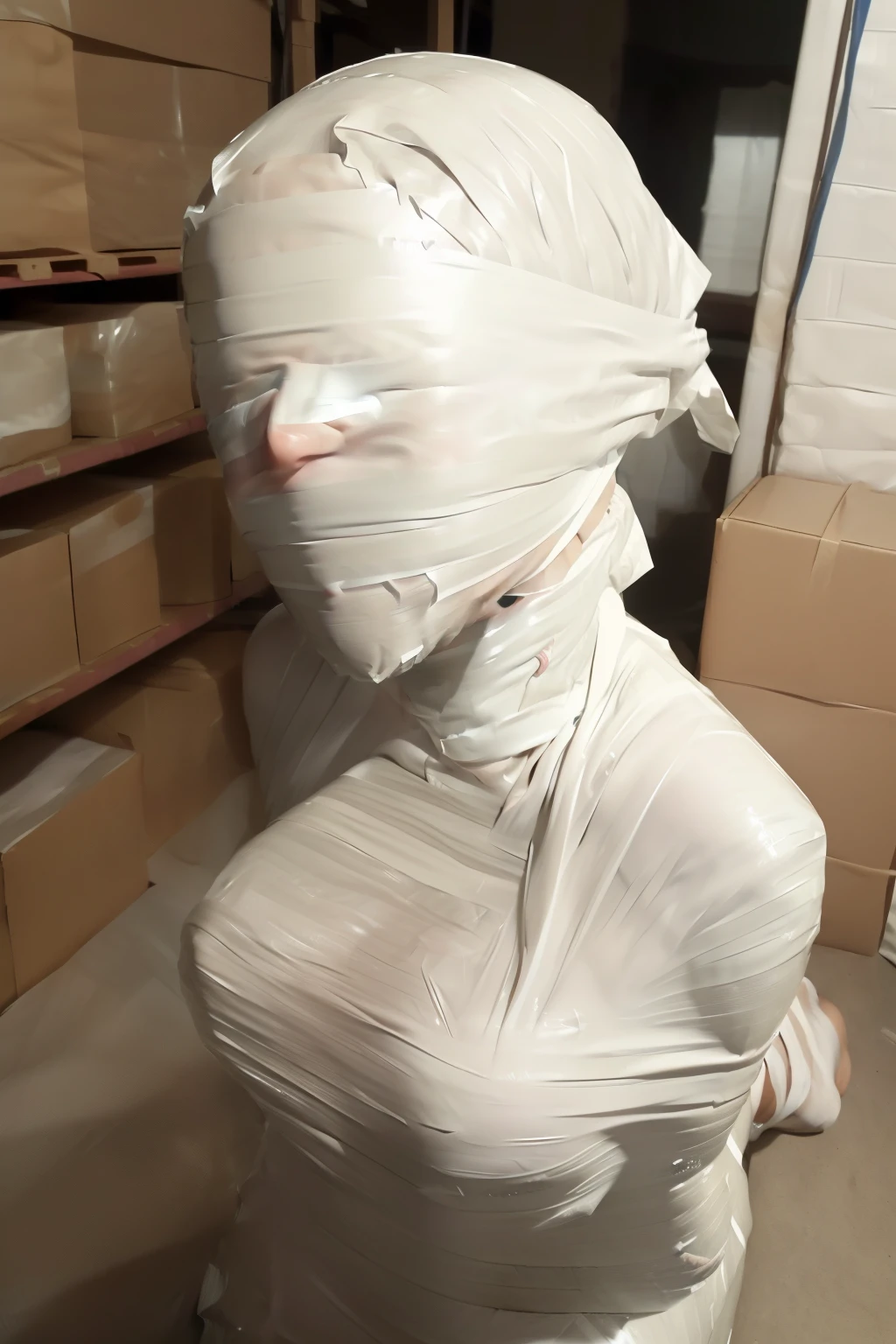 ((Wrap the faces around with white duct tape:1.4)), ((blindfold around with white duct tape:1.5)),