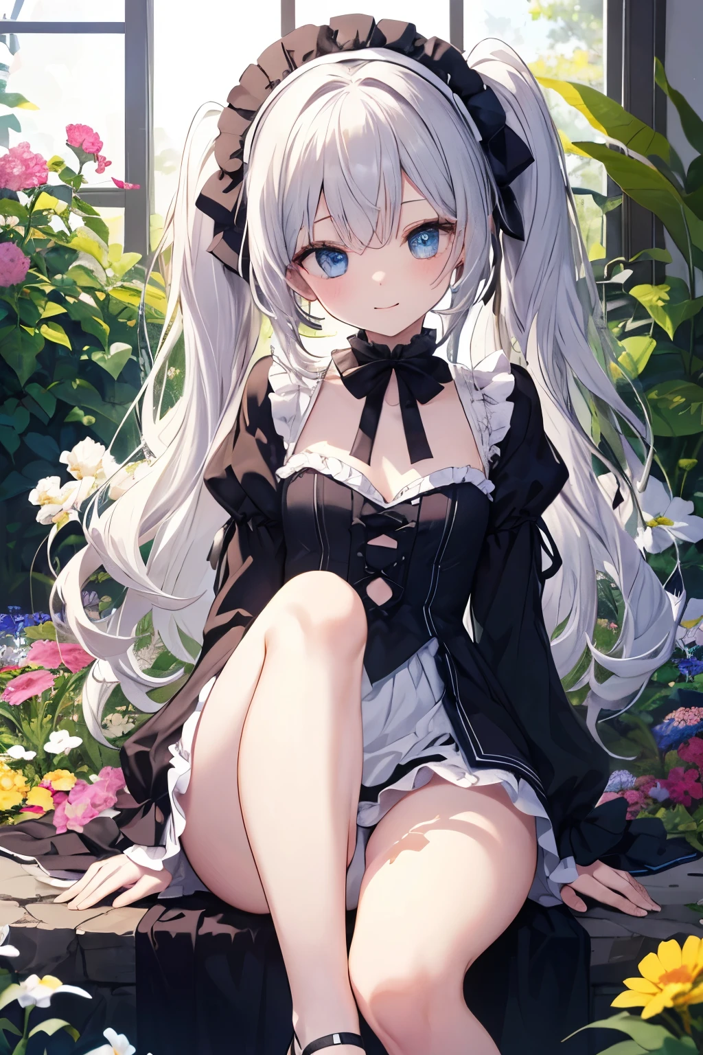 Silver Hair、blue eyes、girl、Small breasts、Twin tails、girl、Small breasts、Lolita、Bright smile、Looks about 15 years old、Petan Musume、He is short、目のhighlight、Sexy thighs、Flower Garden、color々The flowers are still blooming、I have a lot of bouquets、colorとりどりのバラがいっぱい、Mine-based costumes、Your eyes are so beautiful、highlight