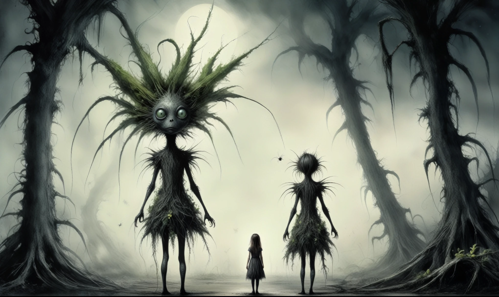 Quentin Blake Style Photography - Surreal、1、hight resolution、Beautiful fece、top-quality、​masterpiece、ighly detailed,full body length,once pretty,full body,bailong plant girl made of dead plants,a girl made of charcoal plants,charcoal Alien Entity,ominous landscape, niobium graphite atmosphere,dangerous atmosphere,intricate details,realistic graphite skin,extremely intricate details,Epic Realistic,At night, light shone on her,anatomically correct,eyes extremely detailed, high detailed eyes,UHD,Retina,HDR,Technicolor,natural skin textures, hyper realism, hyper detailed,High contrast,Realism,Ultra Detailed,irina yermolova,close full body shot, masterpiece,faded,8k resolution,RAW, Nikon Z9,pixie,nicola samori,ominous dragon wing,spider,an orchard with live sinister bloodthirsty lifes, ancient trees at the stage of radioactive half-life,trap against fairies between trees