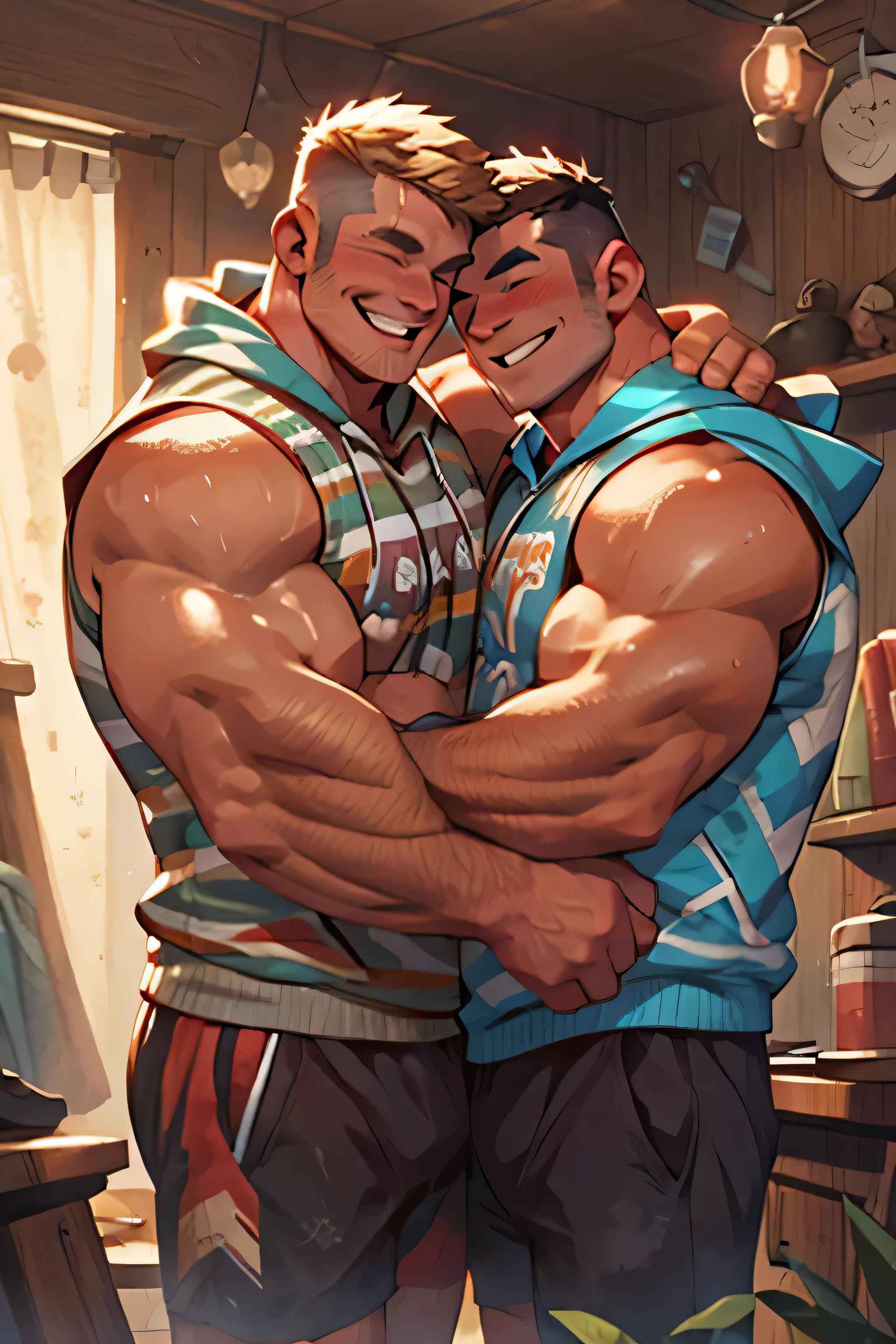 two guys, sweet, twunk, sleeveless hoodie, hug