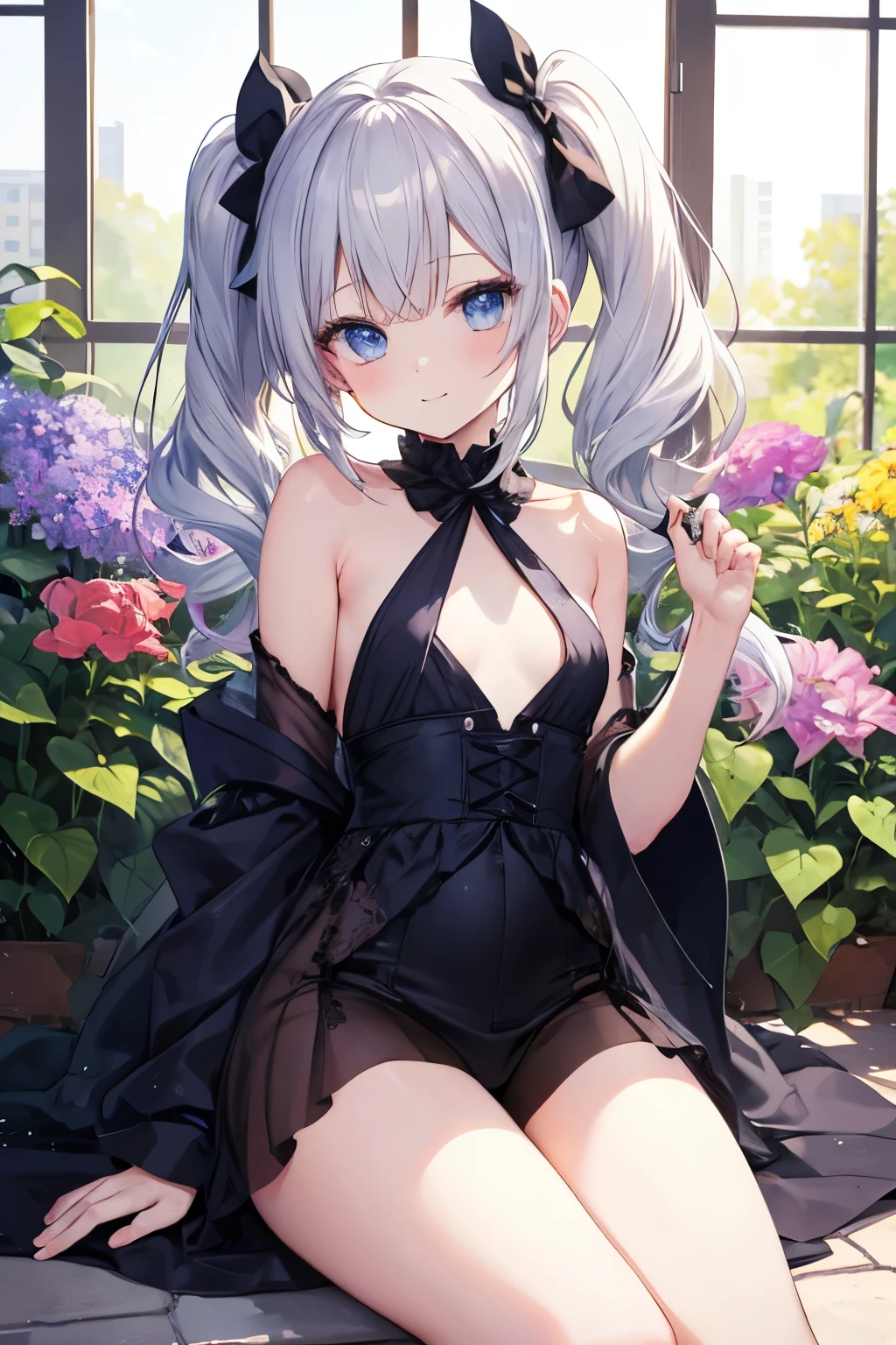 Silver Hair、blue eyes、girl、Small breasts、Twin tails、girl、Small breasts、Lolita、Bright smile、Looks about 、Petan Musume、He is short、目のhighlight、Sexy thighs、Flower Garden、color々The flowers are still blooming、I have a lot of bouquets、colorとりどりのバラがいっぱい、Mine-based costumes、Your eyes are so beautiful、highlight