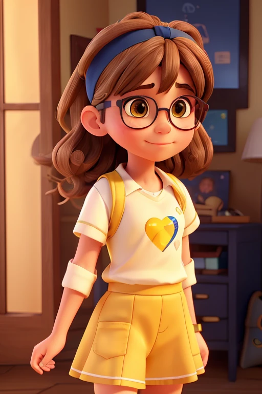 a beautiful girl with light brown hair, navy blue headband and glasses, wearing a yellow heart-shaped shirt, egg yellow skirt, white socks, and brown boots, detailed face, realistic, photorealistic, 4k, highres, masterpiece, ultra-detailed, vivid colors, natural lighting