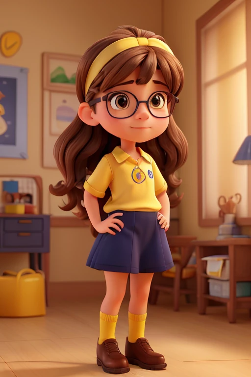 a beautiful girl with light brown hair, navy blue headband and glasses, wearing a yellow heart-shaped shirt, egg yellow skirt, white socks, and brown boots, detailed face, realistic, photorealistic, 4k, highres, masterpiece, ultra-detailed, vivid colors, natural lighting