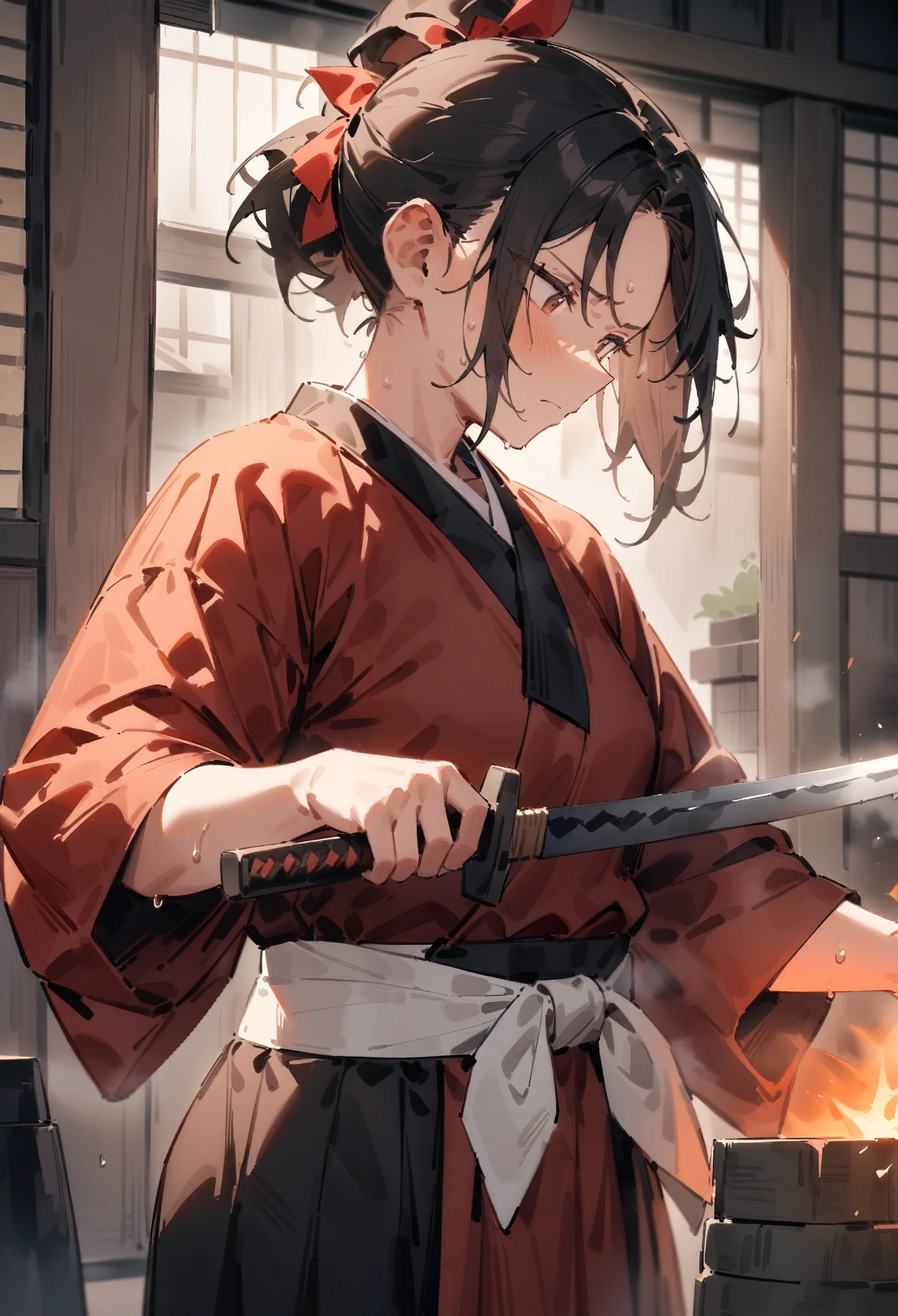 masterpiece, best quality, very aesthetic, absurdres, newest, 1girl, solo, adult, black hair, tied back, short hair, brown eyes, looking down, serious expression, sweating, samue, indoor, traditional Japanese forge, forging a sword, waist-up