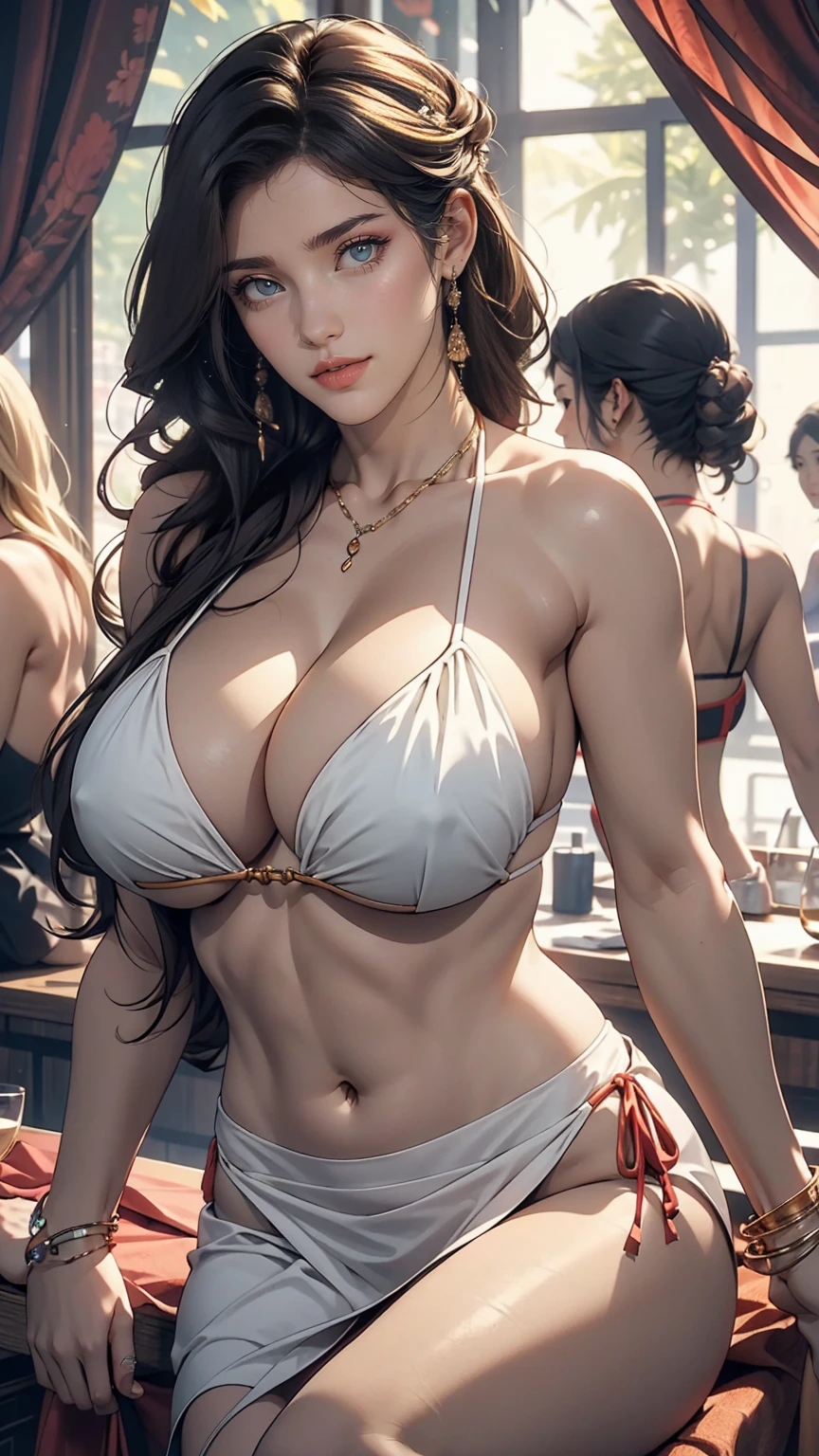 masterpiece, highest quality, In detail, Five Girls, (beautiful girl), cute (Huge breasts), (Cleavage), bikini, group, Multiple characters