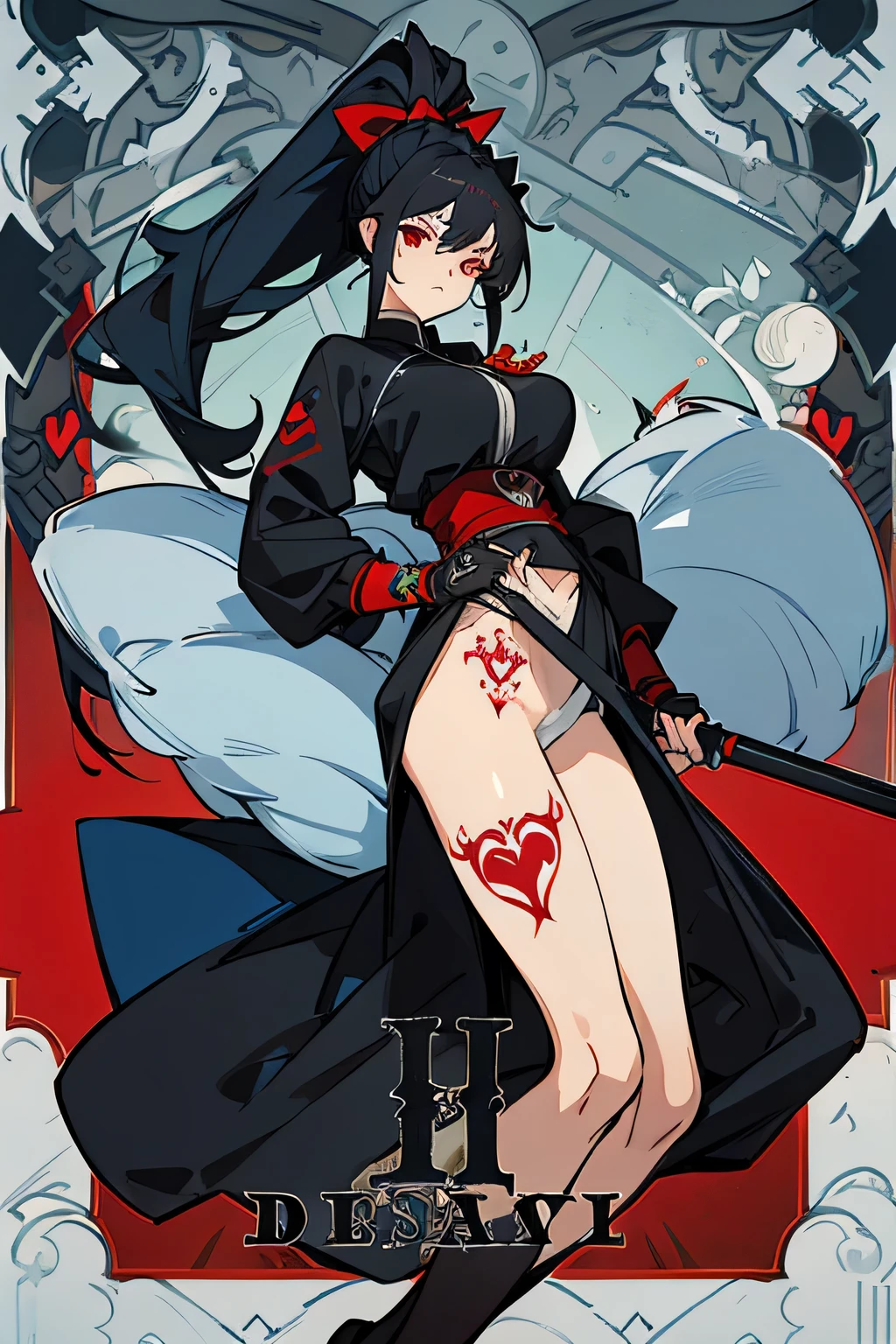 beautiful girl,Tall,Good shape,big breasts,Long legs,ponytail,long hair,black hair,blue bottom hair,red eyes,Maid outfit,Ninja,Heart tattoo on stomach,Giant Clan