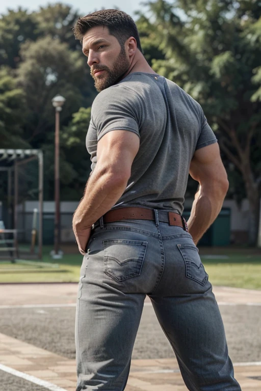 Mature man, best qualities, PE teacher, bandage on one hand, bad bad, masterpiece, super high resolution, detailed background, reality, , single, 1 boy, muscle man, beard, school, playground, muscles, facial hair, volumetric lighting, depth of field, wheezing, raised , handsome action, big dynamic, ((gray jeans)) ((full body)) (((big butt)))(((backside)))