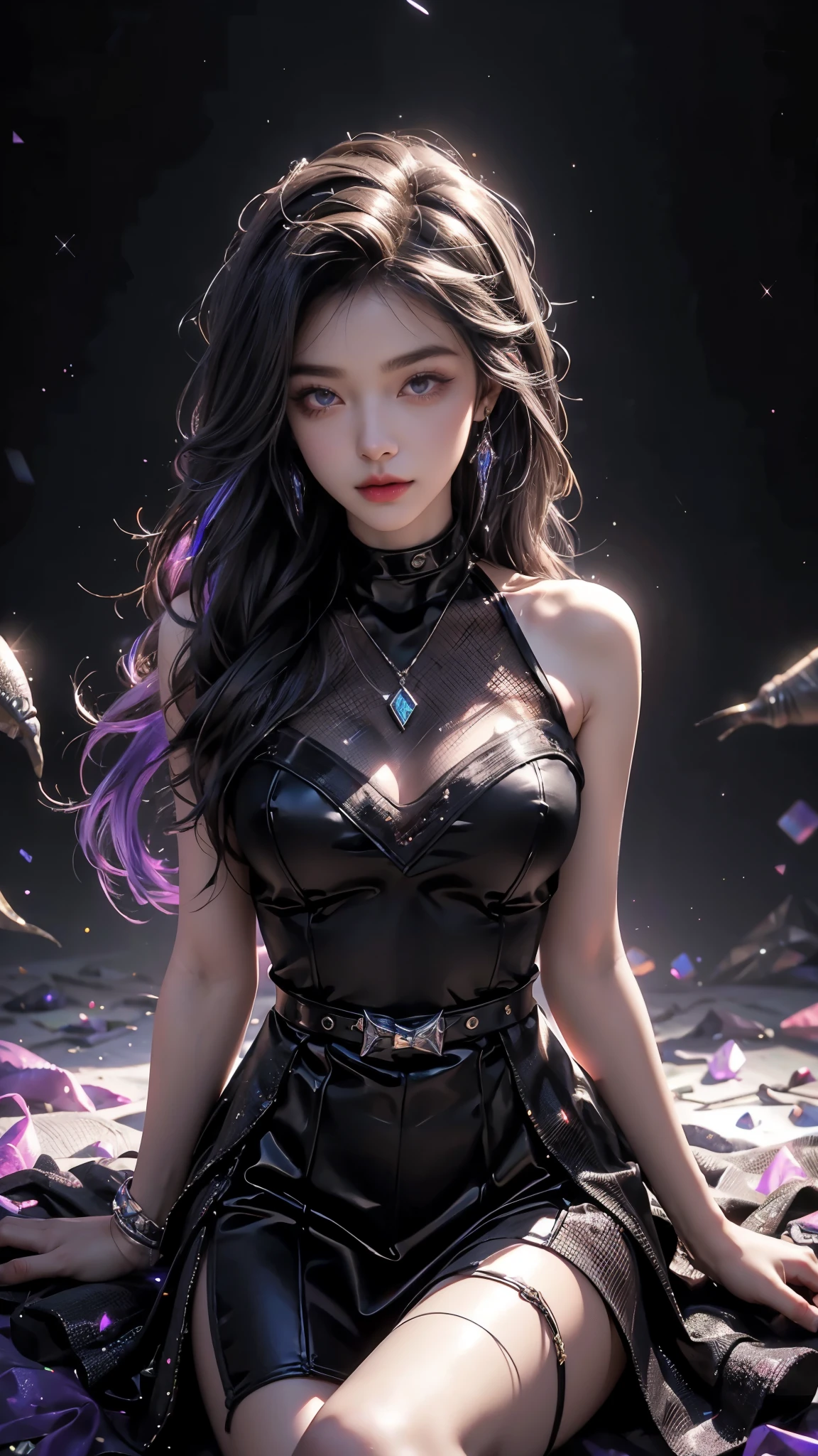 4K, UHD, masterpiece, Best quality, 1 girl, detailed face, detailed eyes, realistic Eyelid, Kda, Alone, very Long hair, small breasts, ((black sparkle dress)), ankle-length skirt, ((mesh sardine)), ((bare waits)), looking at viewert, Multicolored glowing crystals, heart sparkle, neon sparkle, bloom, ray tracing, god rays, HDR, DSLR, sitting,