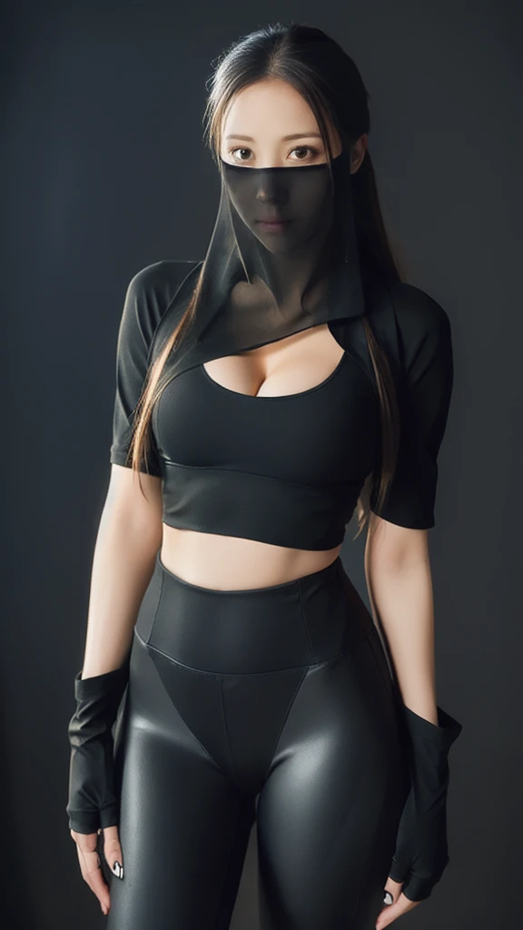 （lifelike， high - resolution：1.3），full body , 1 girl with a perfect body， Super fine face and eyes，slong hair， midriff of black colors：1.2， black shiny leggings，face veil,   big boob，Expose cleavage, ninja pose.