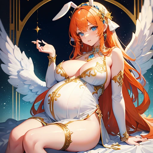 Beautiful pregnant female angel, elegant ornate detailed and tight white dress with gold details, blue gems, mature, bunny ears, orange hair, piercing blue eyes, wants to have sex with me, cleavage, fully body shot, angel wings