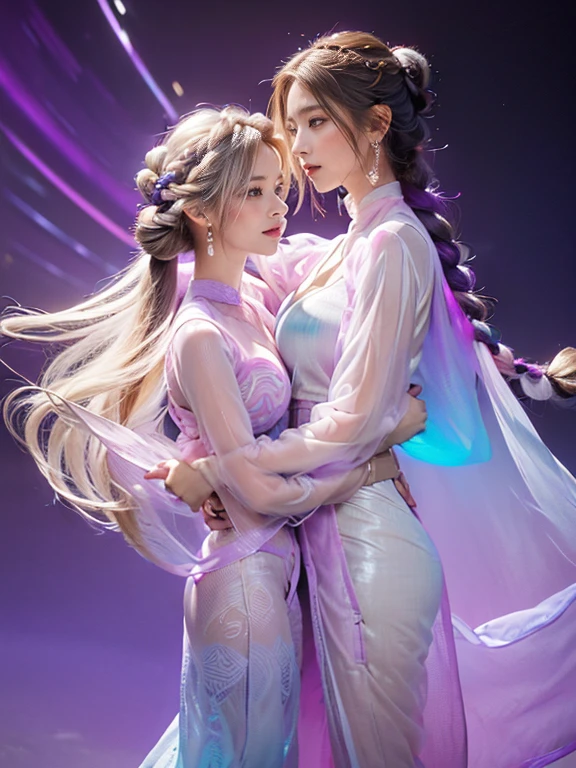 highest quality, Very detailed, masterpiece,hug,Two women hugging each other,(((Perfect female body))),Very beautiful face,Very beautiful body,Gentle expression, Very beautiful eyes,(Perfect Makeup:1.1),Fashion Model,Cyberpunk Fashion,Cinematic Light,Curly Hair,Shaggy Hair, (Drifting in the Wind,Long braided chignon hair in a gradient of white and purple:1.5),very thin body,Smart Abs,(Monogram pattern:1.3), (((Various patterns,Pink and blue gradient,See-through Bolero,Colorful suit:1.3))),anklet,Tech High Top Sneakers,A kind smile,Full body portrait,(Night in Cyber City), (Shiny skin),(Earrings),Long scarf with elegant pattern,Neon long shawl,Digital Feather,LED Signs,Splash Ground,Looking at the audience,