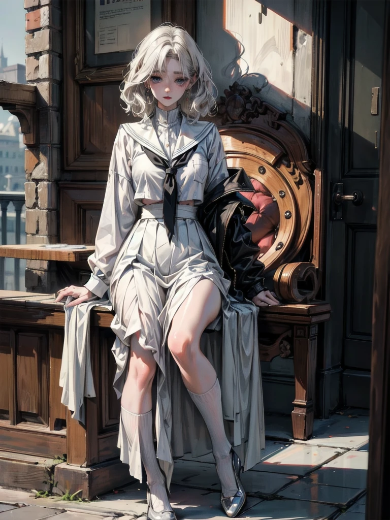 whole body, school_uniform, absurdres, RAW photo, extremely delicate and beautiful, masterpiece, Best Quality, ultra high resolution, 32k, hyperrealistic, ultra-detailed, perfect figure, perfect shape, detailed description, pale skin, 20 years old, detailed beautiful face and eyes, tearful mole, earring, short medium hair, wavy hair,
