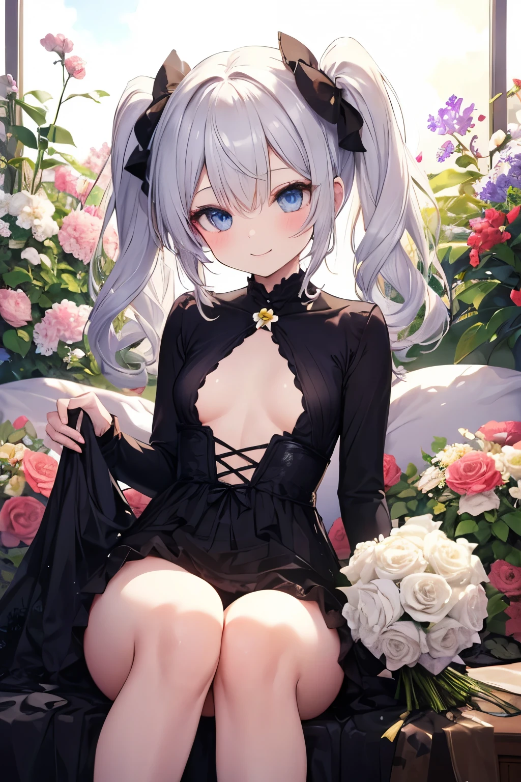 Silver Hair、blue eyes、girl、Small breasts、Twin tails、girl、Small breasts、ta、Bright smile、Looks about 15 yan Musume、He is short、目のhighlight、Sexy thighs、Flower Garden、color々The flowers are still blooming、bouquet、Mine-based costumes、Your eyes are so beautiful、highlight