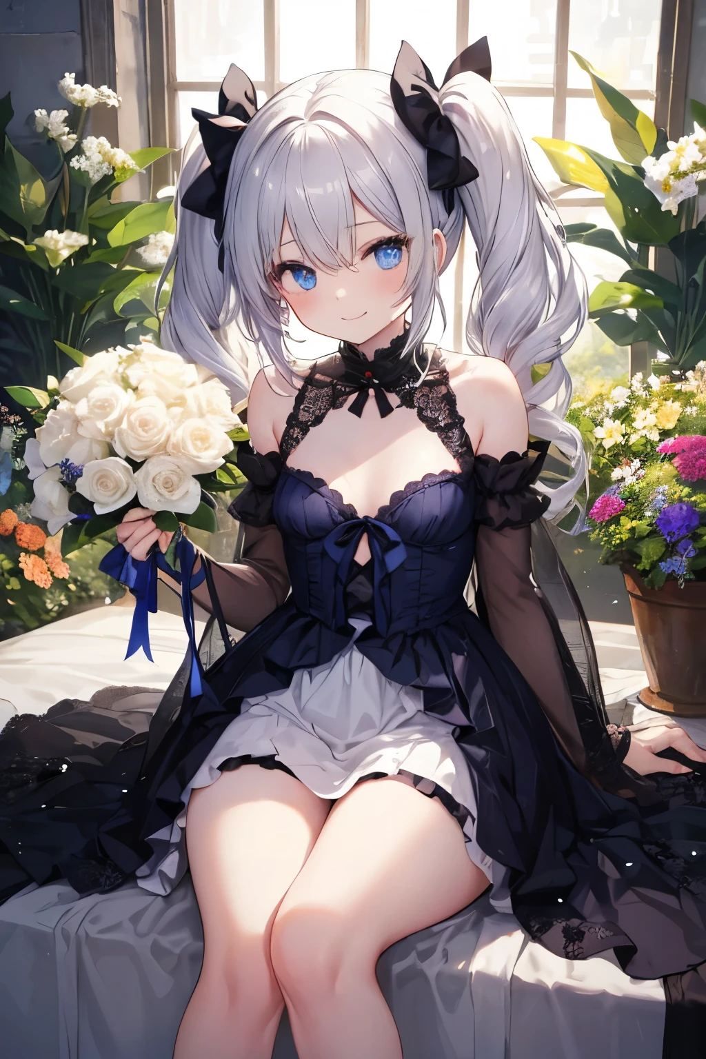 Silver Hair、blue eyes、girl、Small breasts、Twin tails、girl、Small breasts、Lolita、Bright smile、Looks about 15 years old、Petan Musume、He is short、目のhighlight、Sexy thighs、Flower Garden、color々The flowers are still blooming、bouquet、Mine-based costumes、Your eyes are so beautiful、highlight