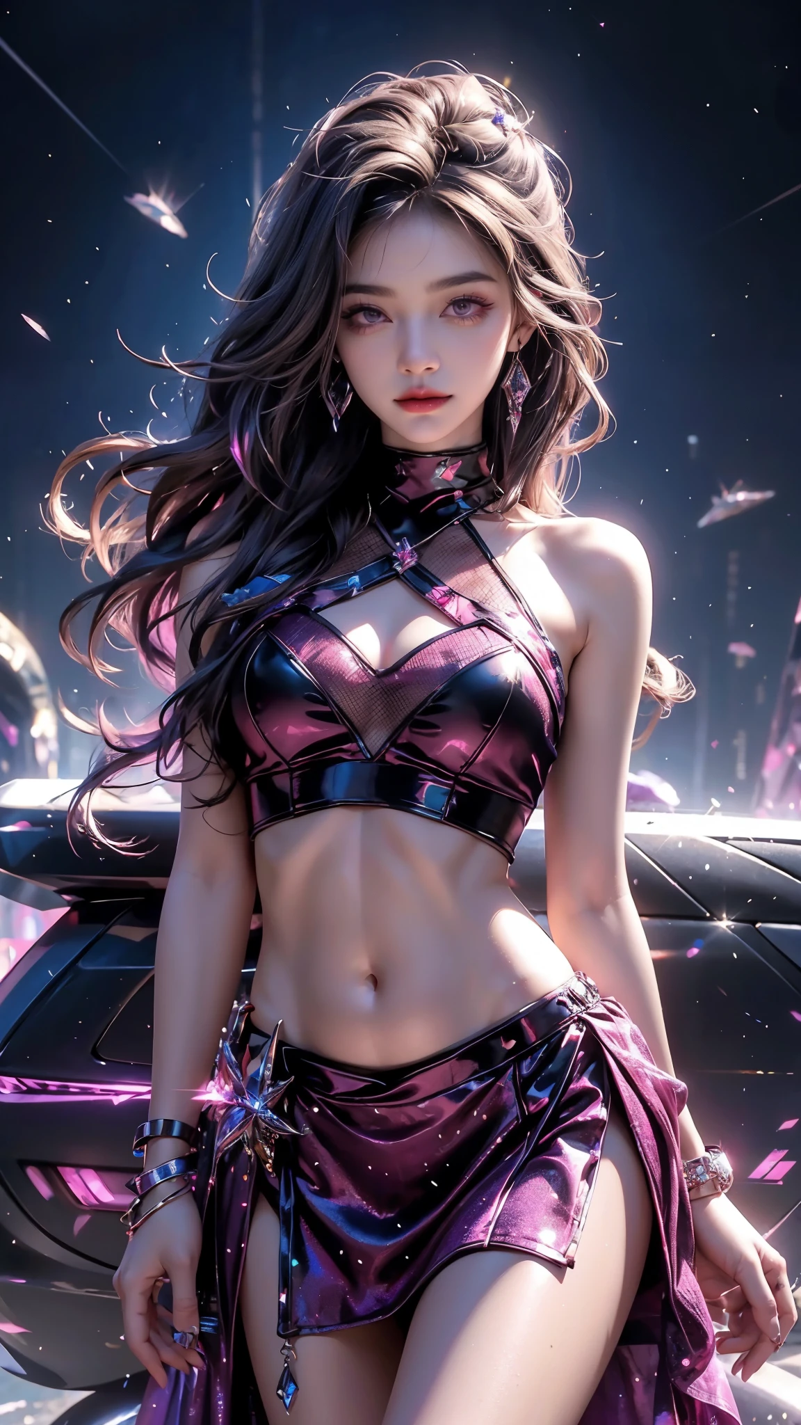 4K, UHD, masterpiece, Best quality, 1 girl, detailed face, detailed eyes, realistic Eyelid, Kda, Alone, very Long hair, small breasts, ((magenta sparkle dress)), ankle-length skirt, ((mesh sardine)), ((bare navel)), looking at viewert, Multicolored glowing crystals, heart sparkle, neon sparkle, bloom, ray tracing, god rays, HDR, DSLR,