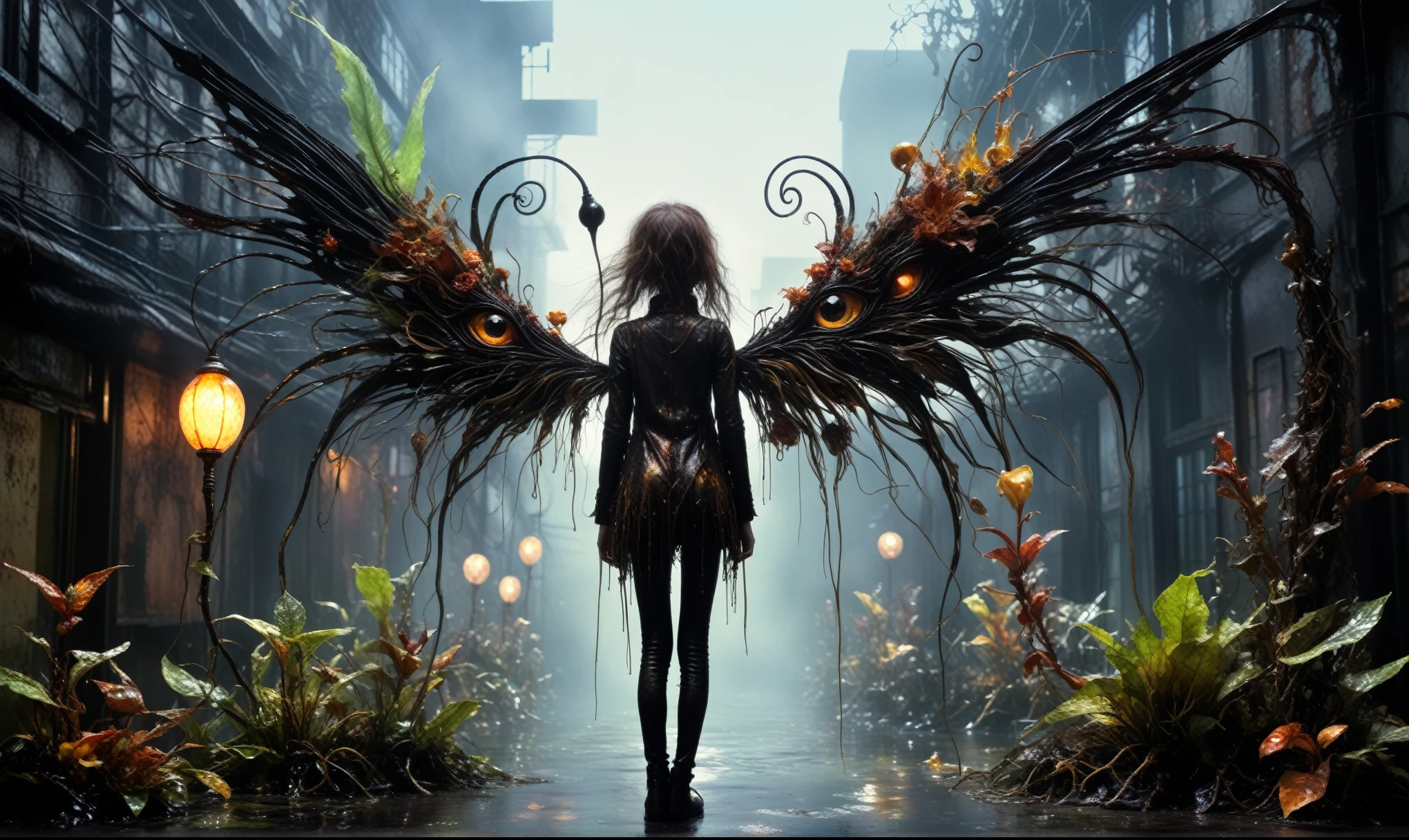  a black copper plant girl made of dead plants,a girl made of plants, placed in Silent Hill, atmosphere with backlit,city on background,chinesse pixie,A charming and fascinating creature with otherworldly forms that blend the best aspects of the monster human form and the innocent charm of a precocious , once pretty, wings, (best quality: 1.4), (masterpiece: 1.2), detailed, complex, high resolution, iridescent colors, texture, complex, gorgeous, 3D, highly detailed, (Professional photography, extremely detailed),Tim Burton, Dale Chihuly, Bruce Zheng, Cyril Rolando, H. R. Giger $plastic$ Grid: Real Lenoid afremov style, wet, fire, extremely detailed, high detailed eyes,8k resolution,RAW,retina, Nikon Z9,Nicola Samori, Sergey Zabelin,Aerith Gainsborough