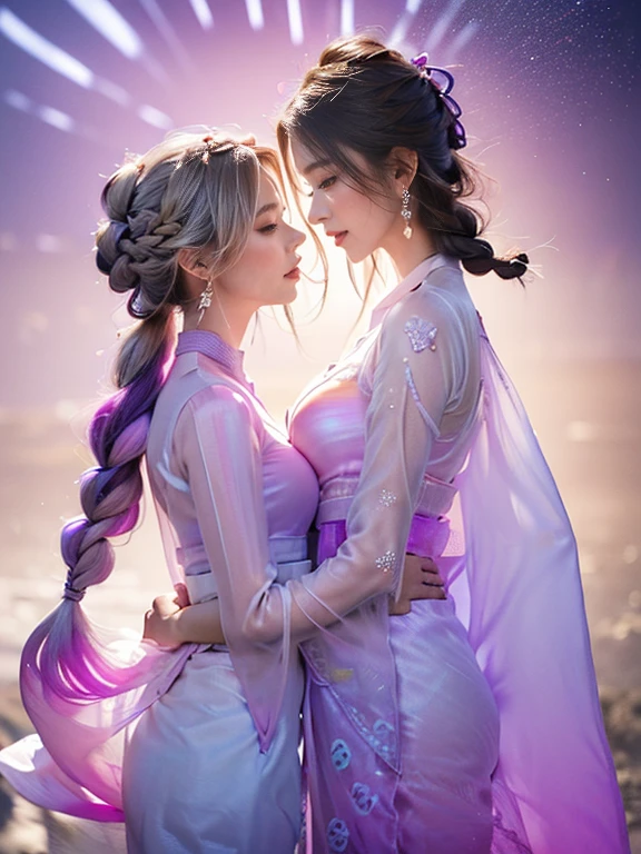 highest quality, Very detailed, masterpiece,hug,Two women hugging each other,(((Perfect female body))),Very beautiful face,Very beautiful body,Gentle expression, Very beautiful eyes,(Perfect Makeup:1.1),Fashion Model,Cyberpunk Fashion,Cinematic Light,Curly Hair,Shaggy Hair, (Drifting in the Wind,White purple gradient long braided chignon hair:1.5),very thin body,Smart Abs,(Monogram pattern:1.3), (((Various patterns,Pink and blue gradient,See-through Bolero,Colorful Suits:1.3))),anklet,Tech High Top Sneakers,A kind smile,Full body portrait,(Night in Cyber City), (Shiny skin),(Earrings),Long scarf with elegant pattern,Neon long shawl,Digital Feather,LED Signs,Splash Ground,