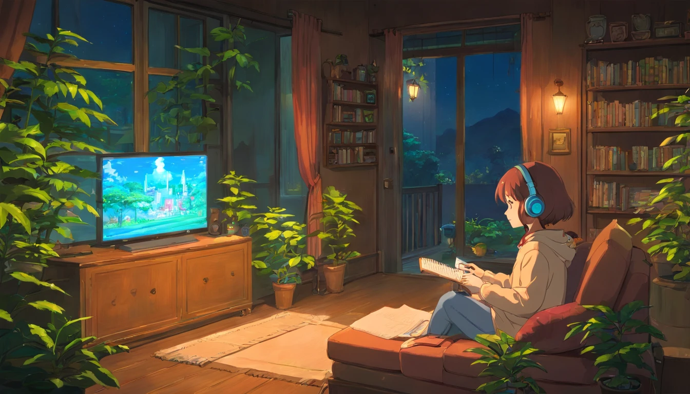 night、Girl listening to music in a cozy room, Use headphones, 2D Style Anime, I will fix it, hard disk, Dark Environment, plant, coffee, Wet day, plant, homework,