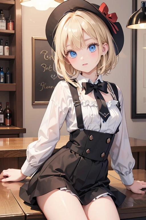masterpiece, highest quality, 16k、High resolution, Cowboy Shot、Detailed face、Perfect Fingers、One 12-year-old girl、blue eyes、blonde、short hair、Black tuxedo、Red bow tie、Black Top Hat、bar counter、Sit at the counter