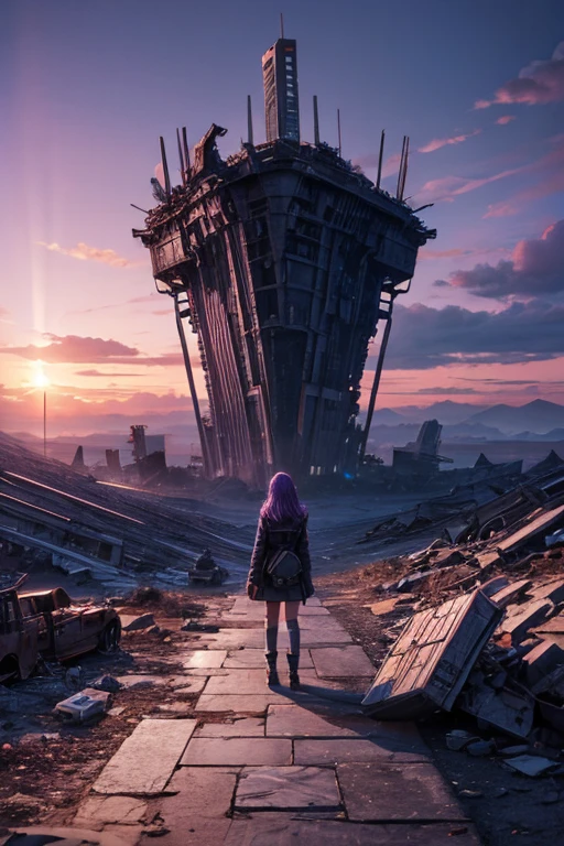highest quality、Desolate Earth、wreckage、Purple Sky、Surrealism